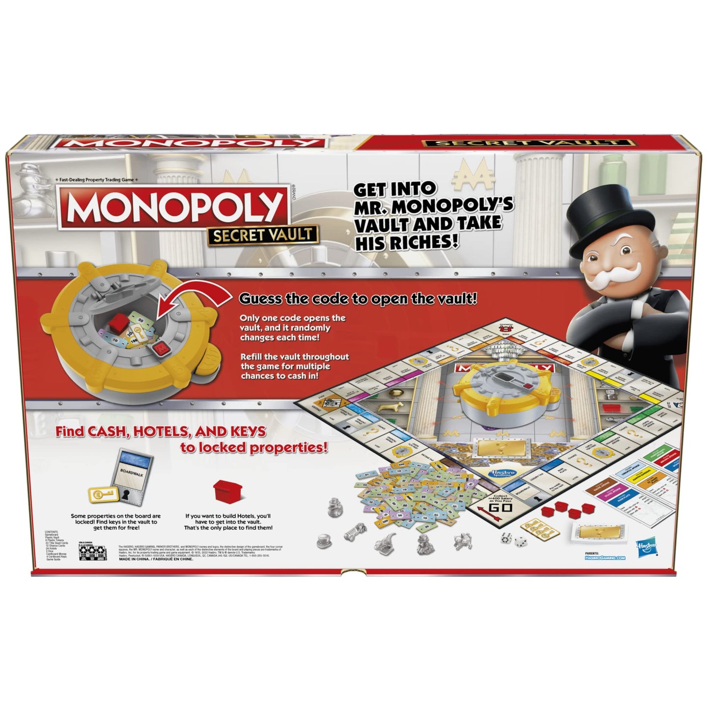 Monopoly Secret Vault Board Game for Kids Ages 8 and Up, Family Board Game for 2-6 Players, Includes Vault