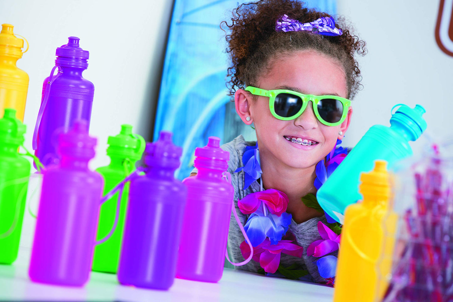 Fun Express Kids Water Bottles Bulk 12 Pack - Plastic 18 oz Leak Proof Squeeze Bottles with Pop Top Lids & Straps | Perfect for School, Sports Teams