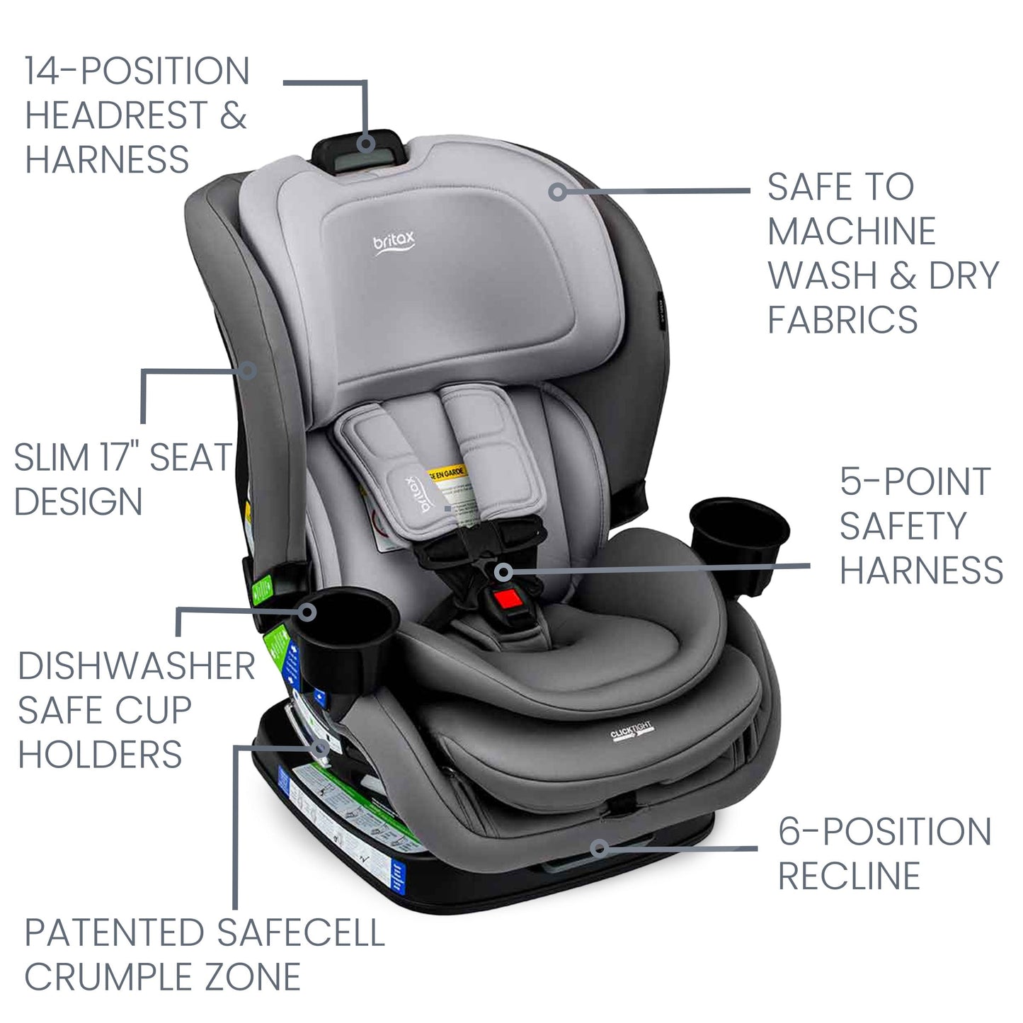 Britax Poplar Convertible Car Seat, 2-in-1 Car Seat with Slim 17-Inch Design, ClickTight Technology, Glacier Graphite