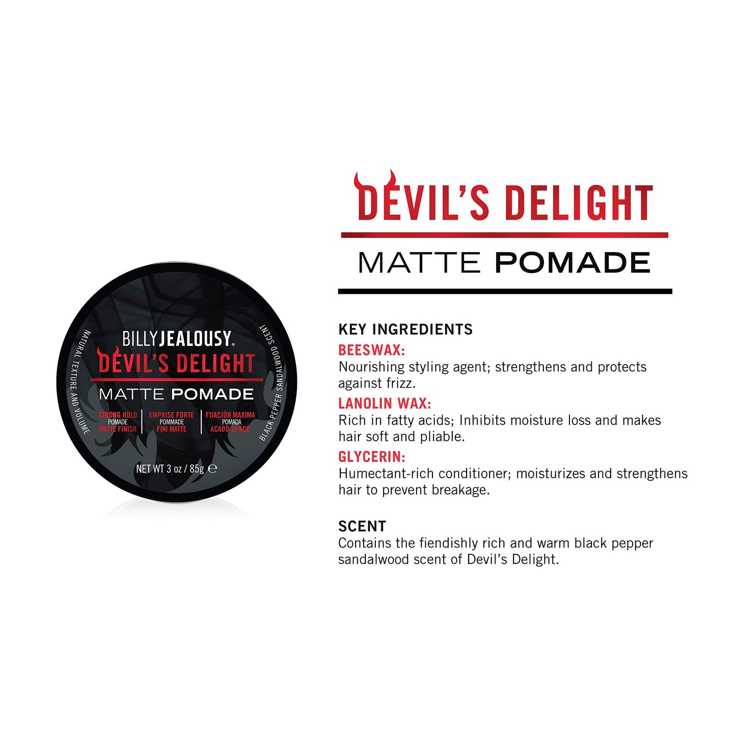 Billy Jealousy Devil's Delight Matte Pomade for Men Adds Volume and Definition, Strong Hold Water-Based Formula with Black Pepper Sandalwood Scent, 3