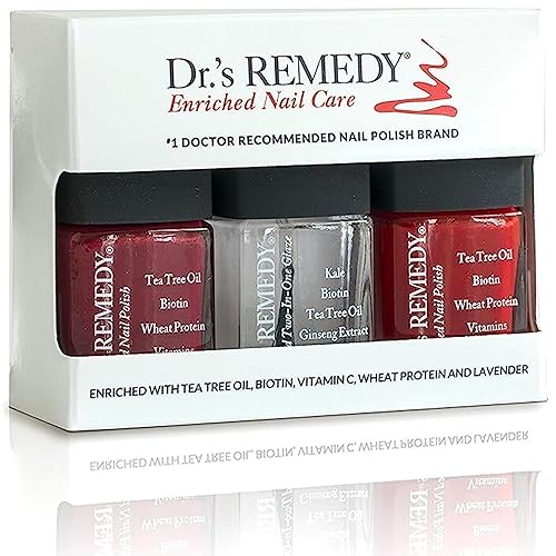 Dr’s Remedy 3 Pack Nail Polish Kit, TOTAL Two-in-One Glaze/BALANCE Brick Red/REMEDY Red - Non Toxic and Organic All Natural Enriched Nail Strengthener