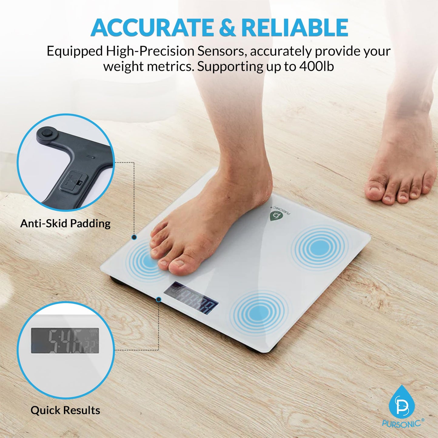 Pursonic Digital Bathroom Scale for Body Weight - 400lb Weight Scale with 5mm Tempered Glass, Clear LCD Display & Auto Shut Off - Accurate & Instant…