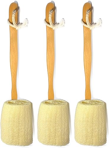 3 Pack Natural Exfoliating Loofah luffa loofa Bath Brush On a Stick - with Long Wooden Handle Back Brush for Men & Women - Shower Sponge Body Back