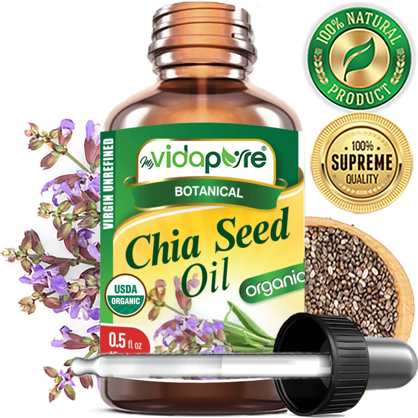 MYVIDAPURE Organic CHIA SEED OIL Certified Organic 100% Natural Pure VIRGIN UNREFINED Undiluted Cold Pressed Carrier Oil for Face Skin Body Hair Lip