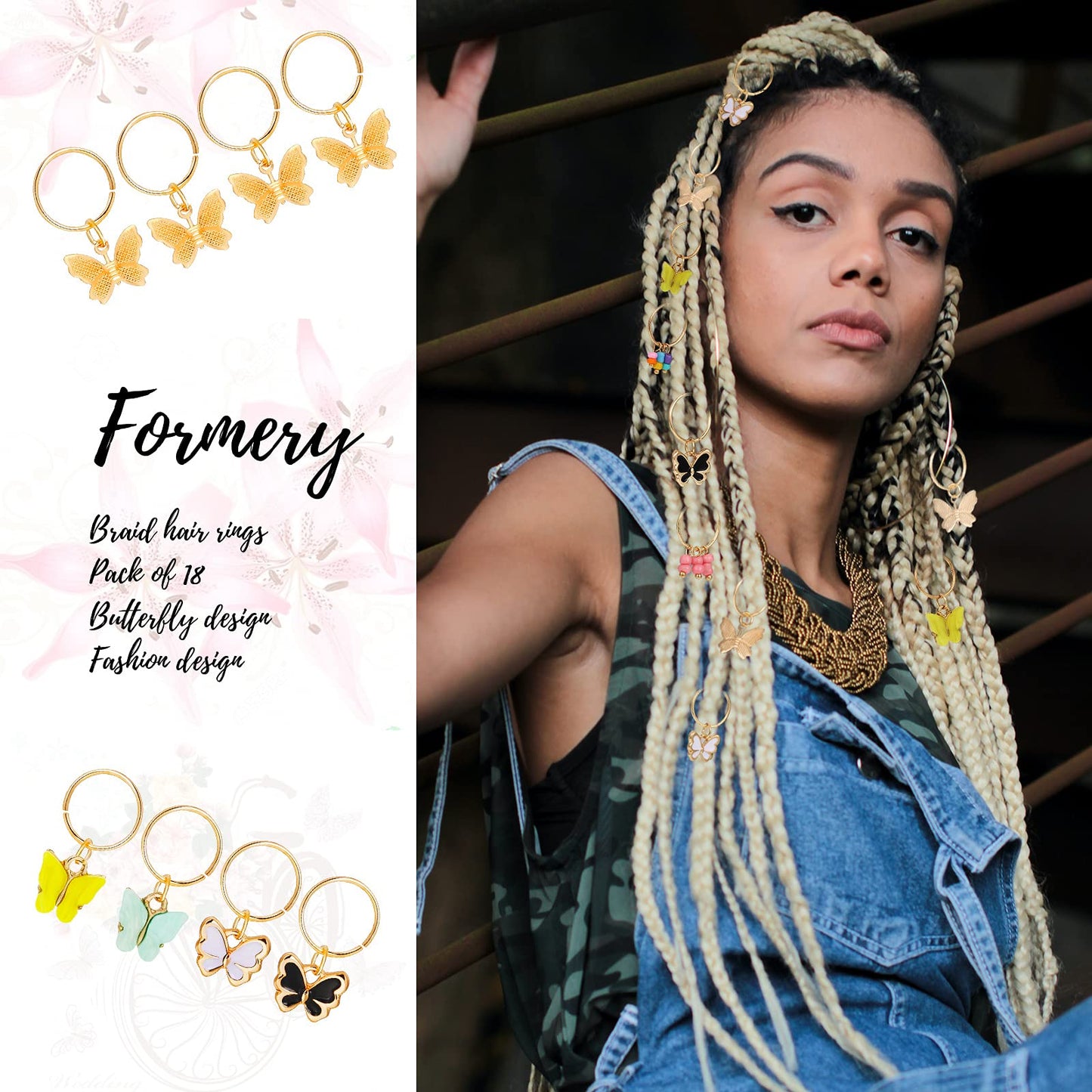 WILLBOND 18 Pieces Colorful Butterfly Hair Jewelry for Braids Gold Braid Hair Rings Clips Christmas Xmas Gifts Lock Dreadlock Braid Charms for Women
