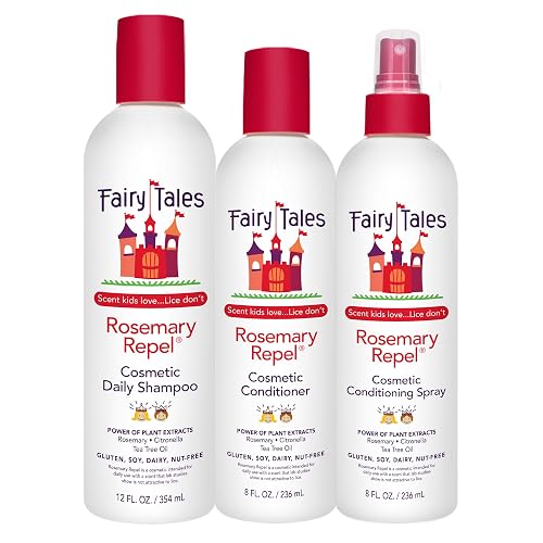 Fairy Tales Rosemary Repel Daily Kids Shampoo, 12 fl oz., Conditioner, 8 fl oz. & Conditioning Spray, 8 fl oz. Star Trio- Kids Like the Smell, Lice Do