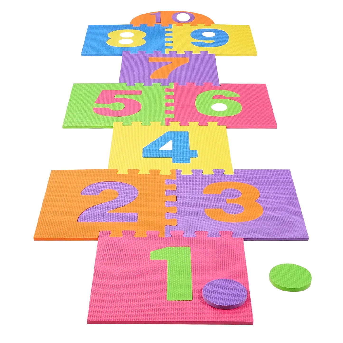 Hopscotch Playmat Foam Interlocking Puzzle Floor Mat - 10 Large Number Tiles (12" by 12" Square Blocks)