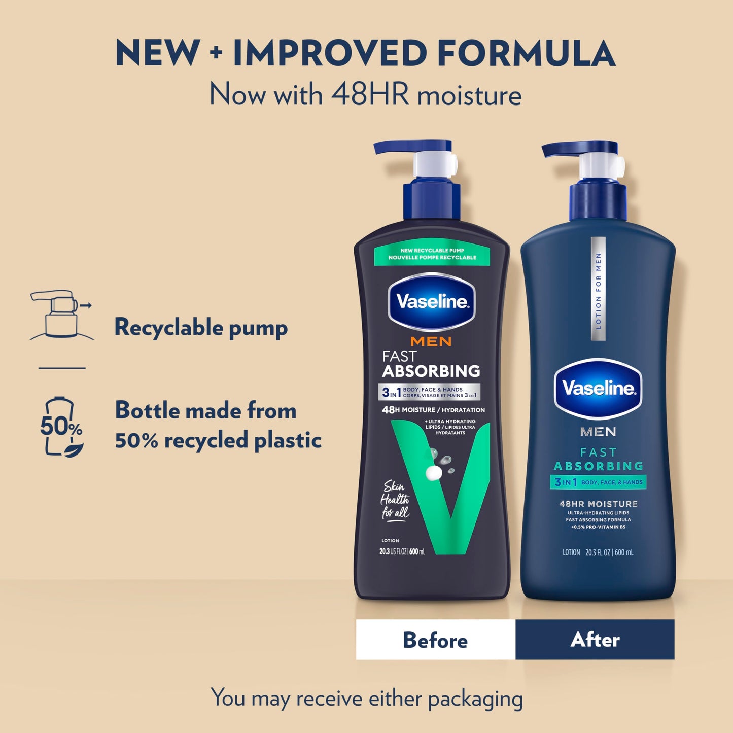 Vaseline Men Fast Absorbing 3-in-1 Face, Hands & Body Lotion for Men, For Dry Skin, Absorbs in Just 15 Seconds for Moisturized Skin 20.3 oz