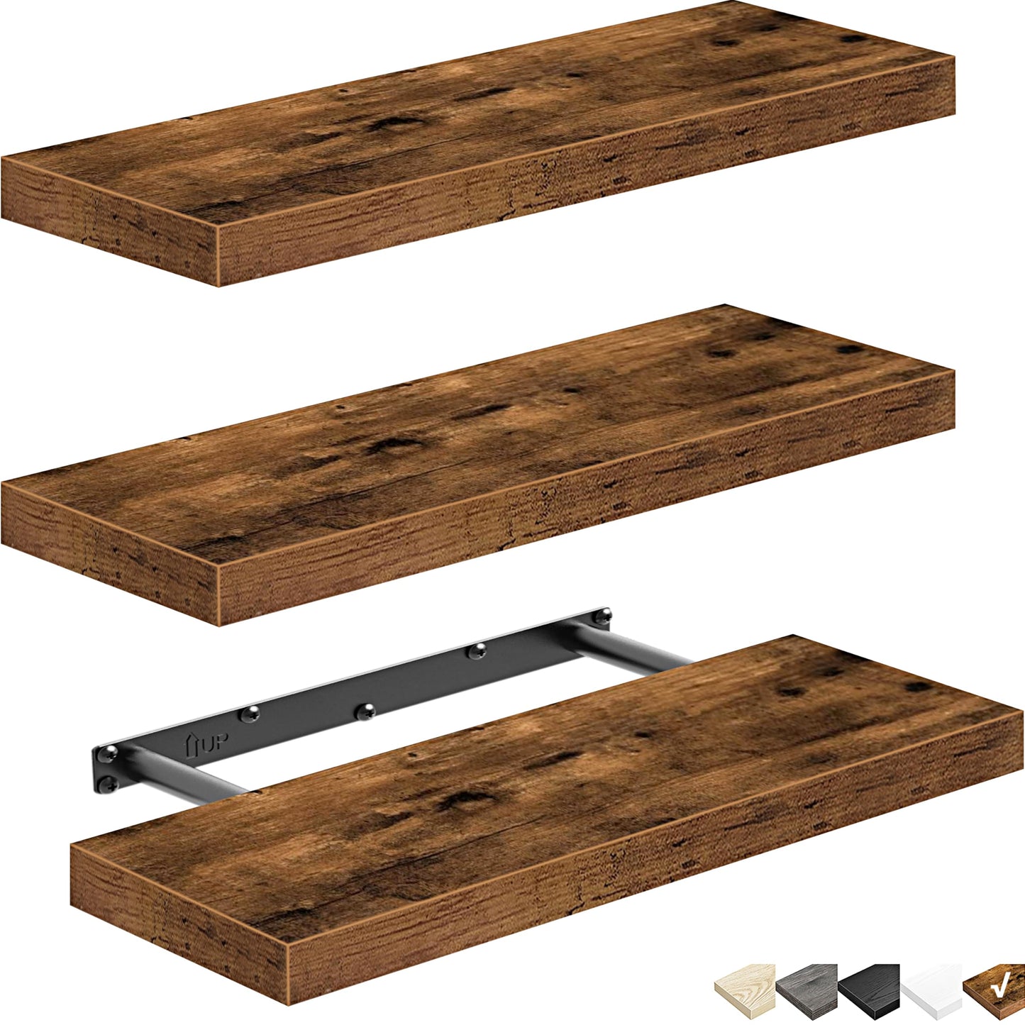 QEEIG Floating Wall Shelves – 16" Rustic Brown Set of 3 for Bathroom, Bedroom, Kitchen, Living Room & Farmhouse Decor