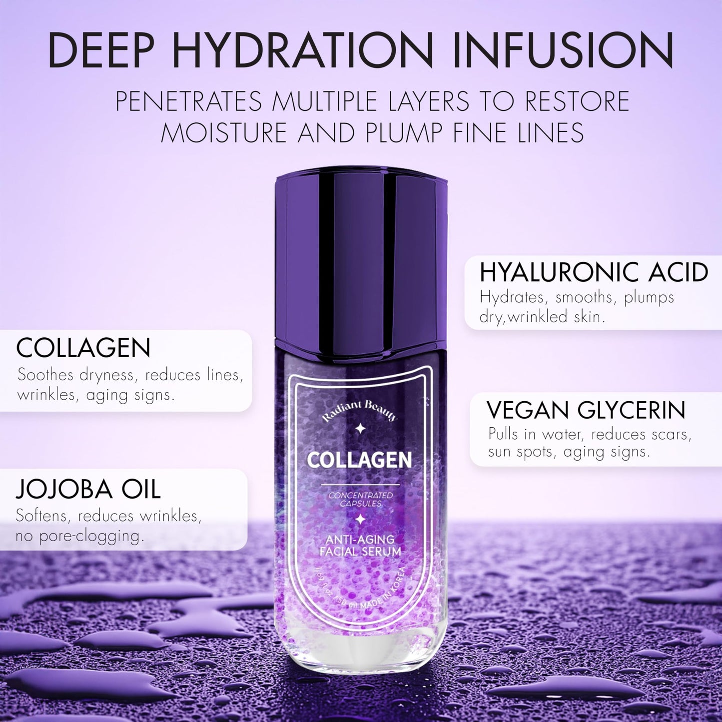 Radiant Beauty Collagen Anti-Aging Facial Serum - Deeply Moisturizing & Smoothing, Diminishes Dark Spots & Wrinkles - Dermatologist Tested, Korean
