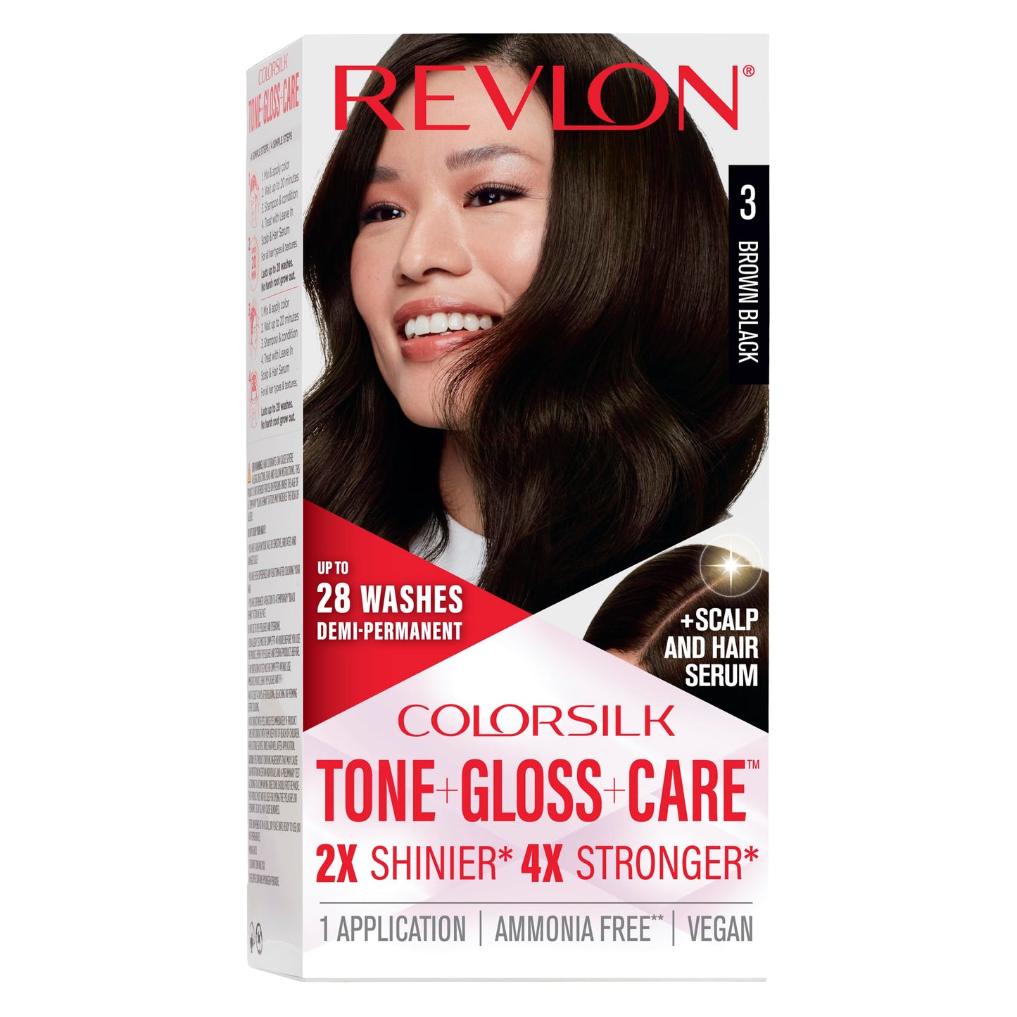 Revlon ColorSilk Tone + Gloss + Care Demi Permanent Hair Color, Dye Kit with Leave-In Scalp and Haircare Serum, 2x Shinier, 4x Stronger, 3 Brown