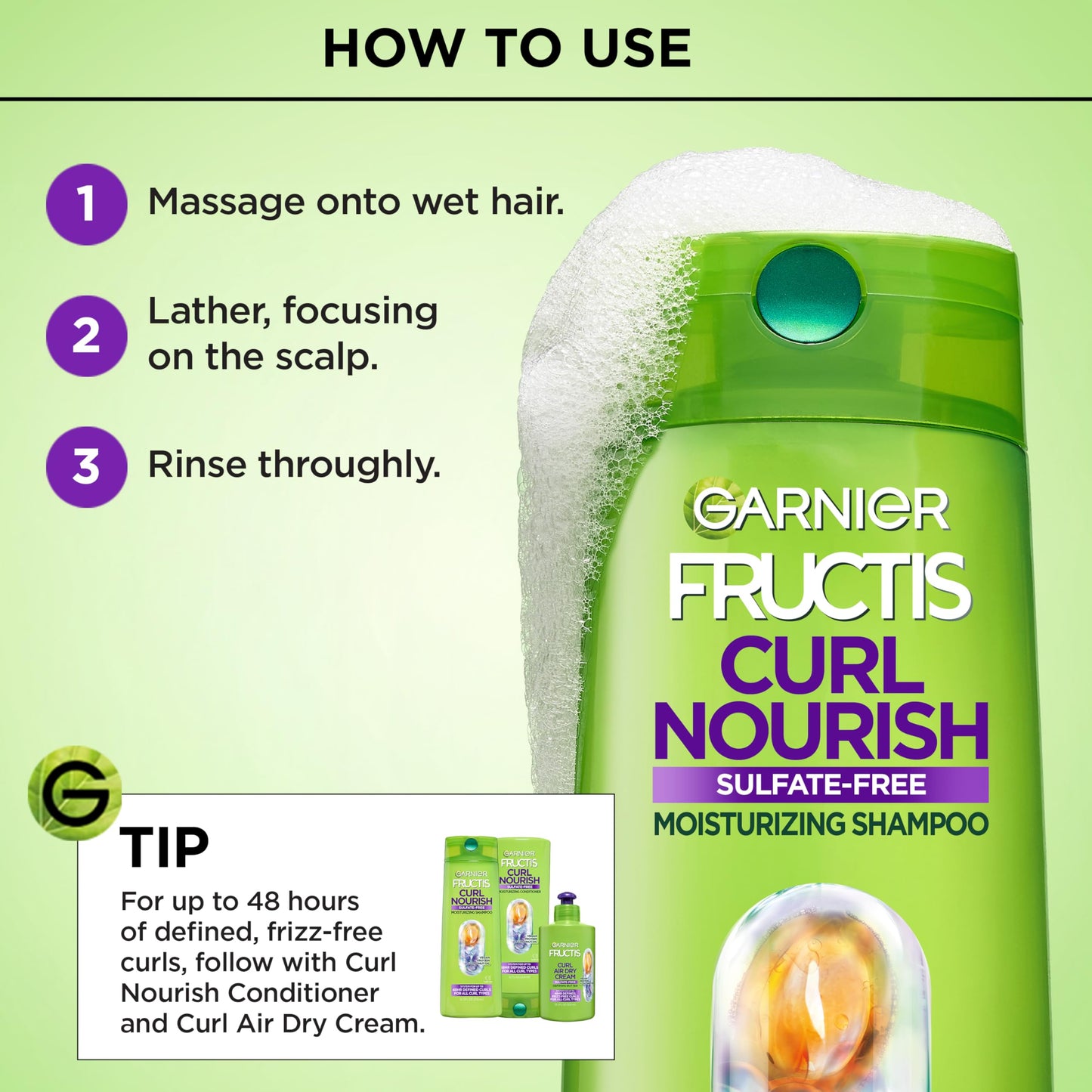 Garnier Fructis Curl Nourish Moisturizing Shampoo for Curly Hair, Plant Protein and Coconut Oil Formula, Up to 48HR of Curl Definition, Sulfate Free Beauty and Personal Care Garnier