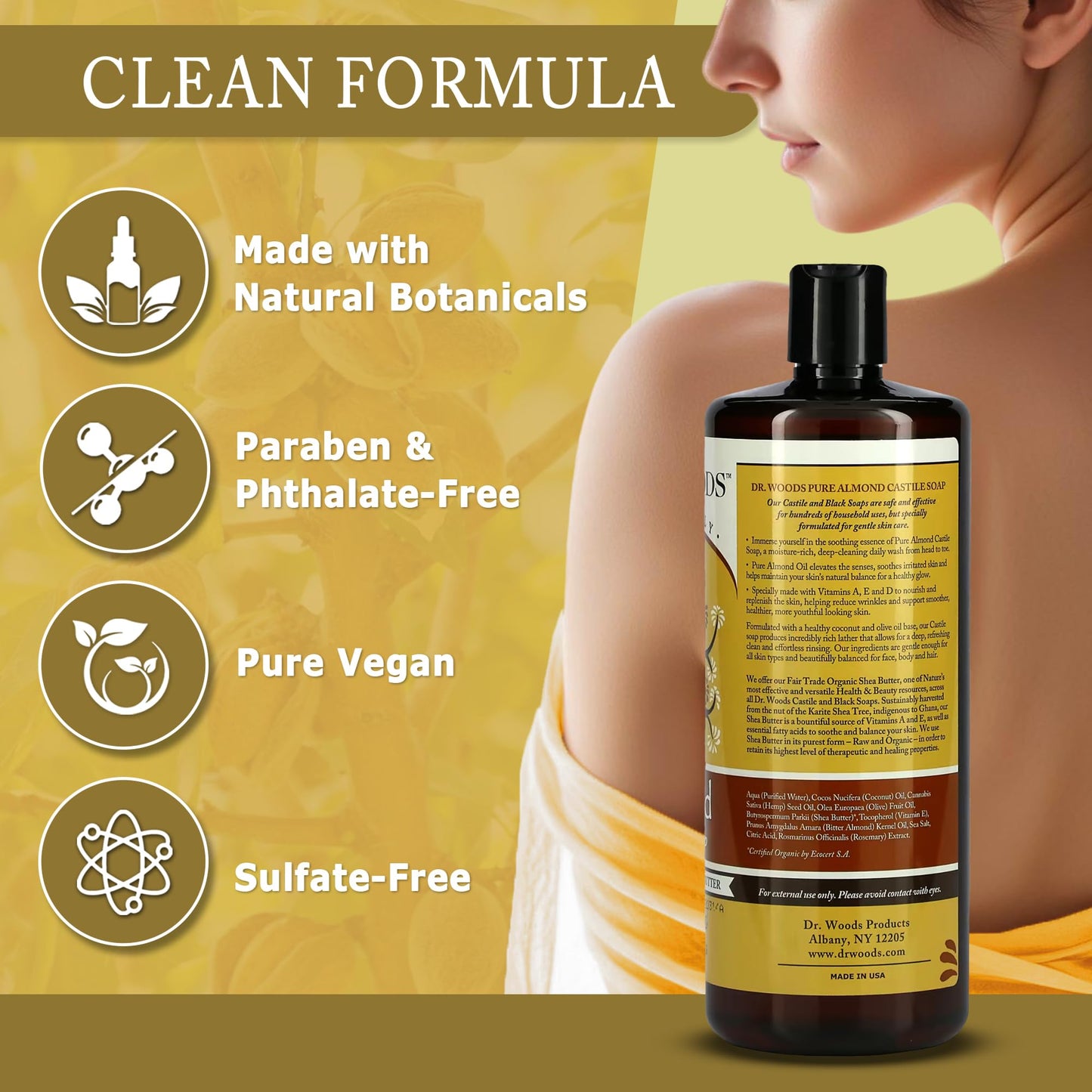 Dr. Woods Almond Liquid Castile Soap - Castile Soap with Pure Almond Oil, Body Wash for Men and Women, Contains Organic Shea Butter, Natural Cleaner