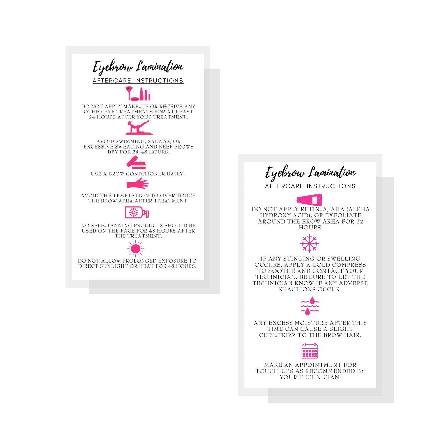 Eyebrow Lamination Aftercare Instruction Cards | Physical Printed 2 x 3.5” inches Business Card Size | Starter Lift Kit with Tint at home diy