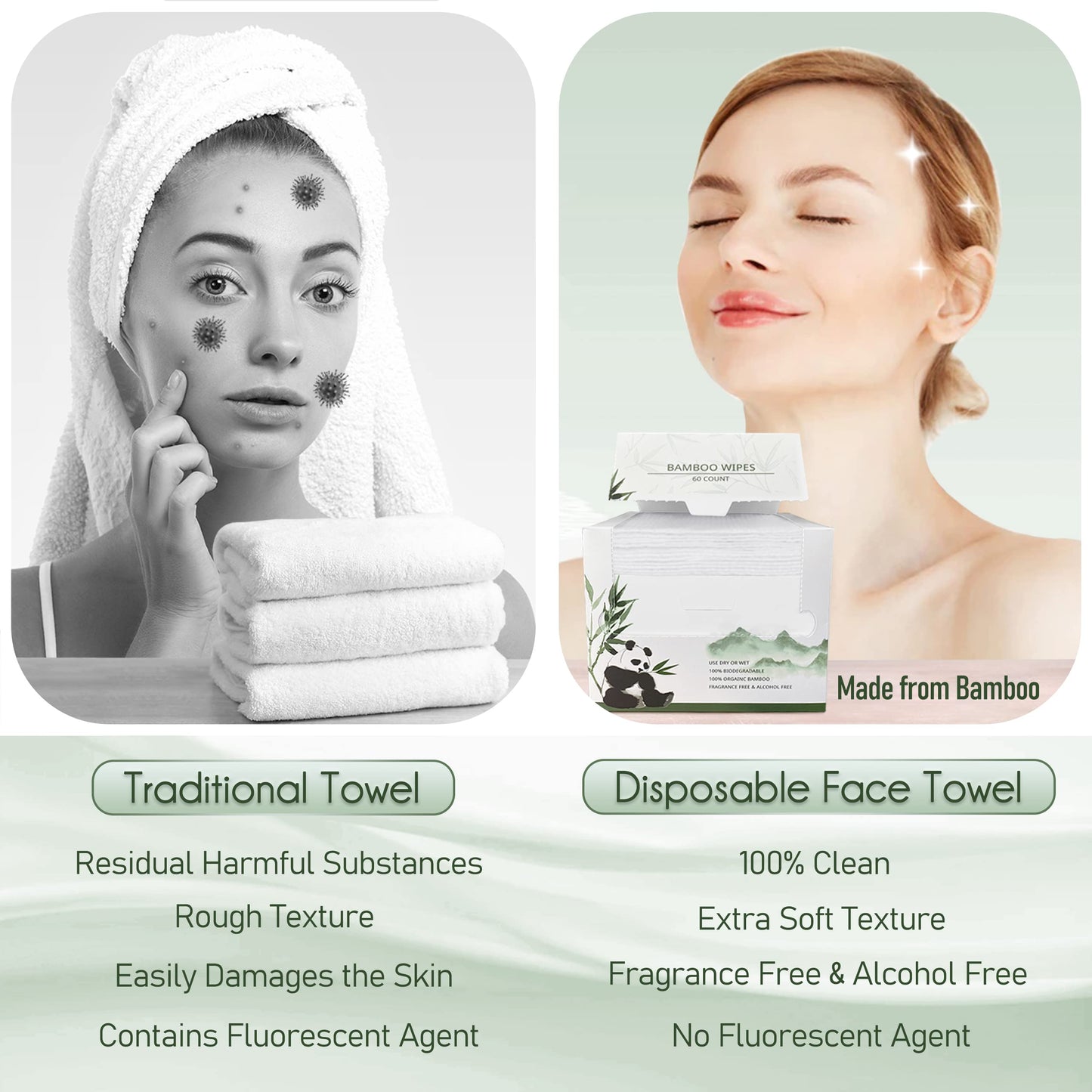 WOWOTEX Bamboo Viscose Disposable Face Towel Biodegradable Large Dry Face Wipes 60 Count Extra Thick Soft Clean Facial Towels for Sensitive Skin Beauty and Personal Care WOWOTEX