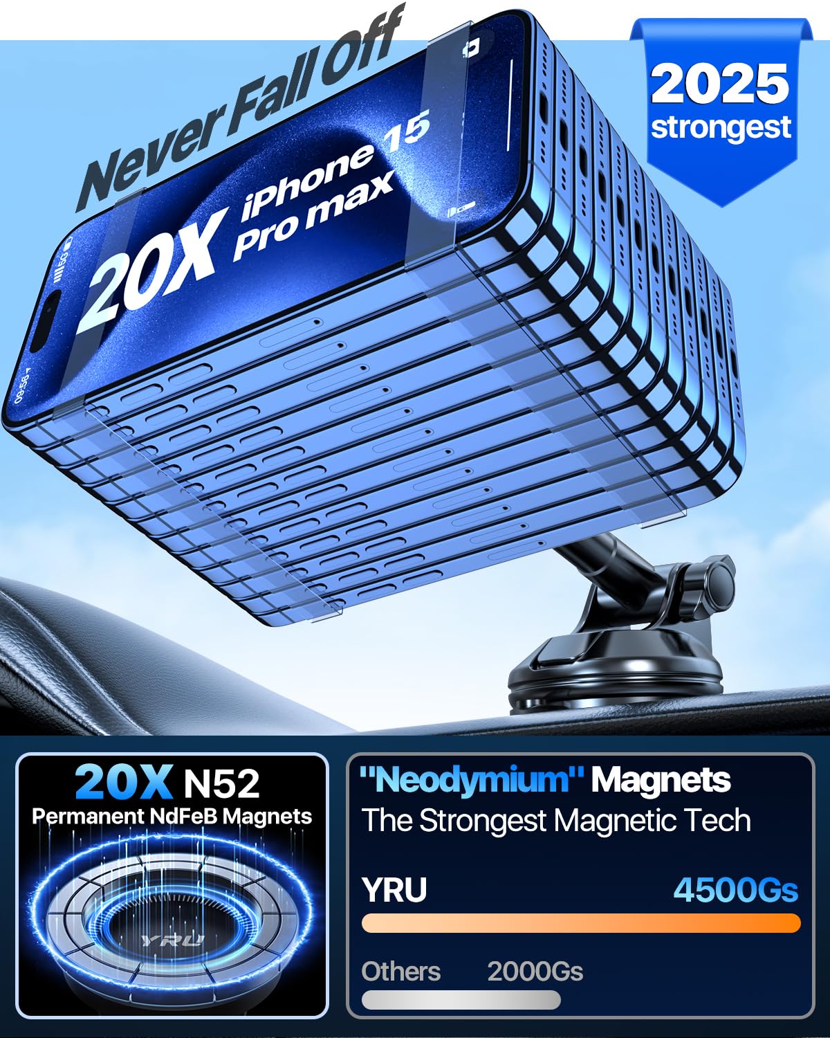 YRU Upgraded Magnetic Phone Holder for Car【Patented & Super Magnet】 for MagSafe Car Mount Dashboard Magnet Phone Holder Windshield Phone Stand…