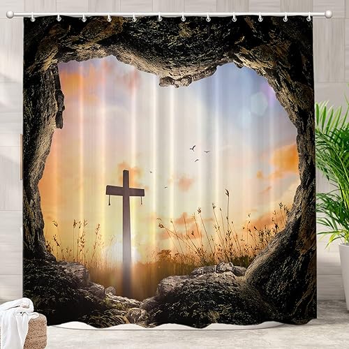 Batmerry Stone Sunrise Christian Decorative Shower Curtain, Jesus is Risen Christian Easter Shower Curtain Cute Long Wide Shower Curtain for Bathroom…