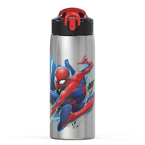 Zak Designs 27oz Marvel 18/8 Single Wall Stainless Steel Water Bottle with Flip-up Straw and Locking Spout Cover, Durable Cup for Sports or Travel