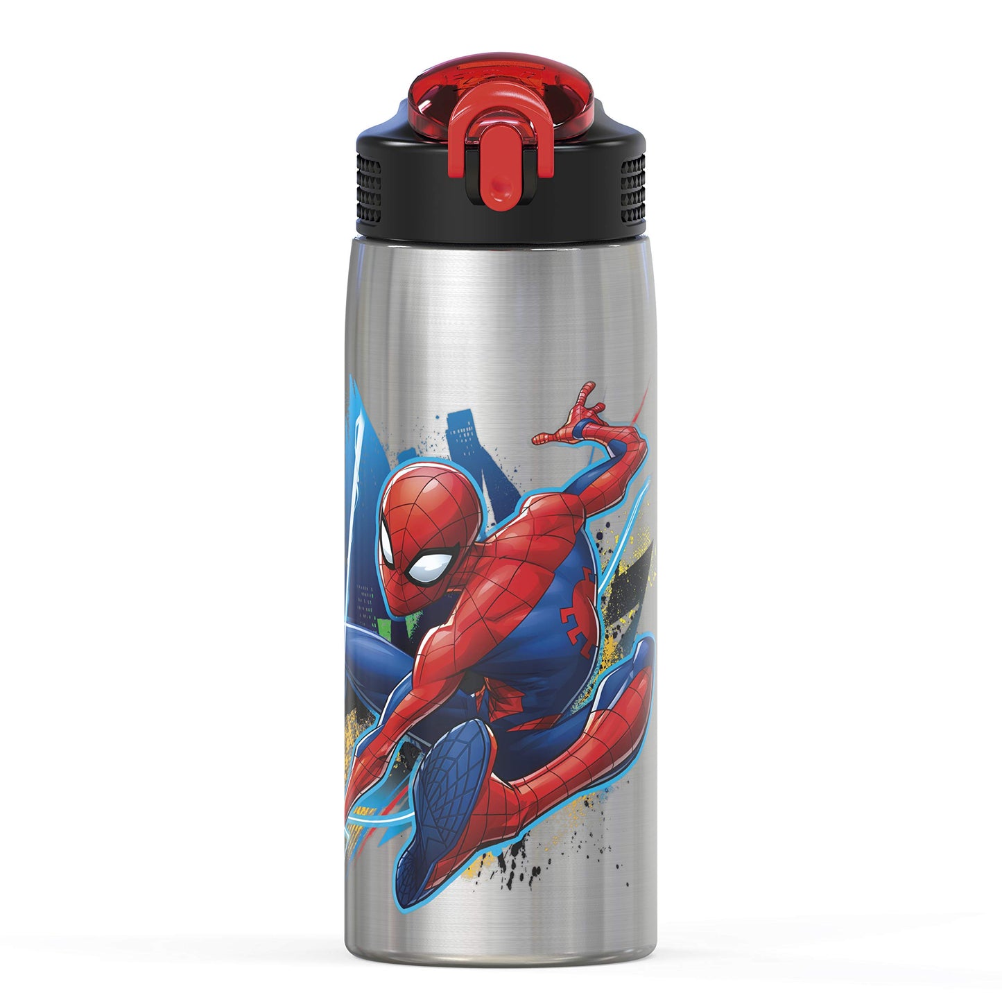 Zak Designs 27oz Marvel 18/8 Single Wall Stainless Steel Water Bottle with Flip-up Straw and Locking Spout Cover, Durable Cup for Sports or Travel