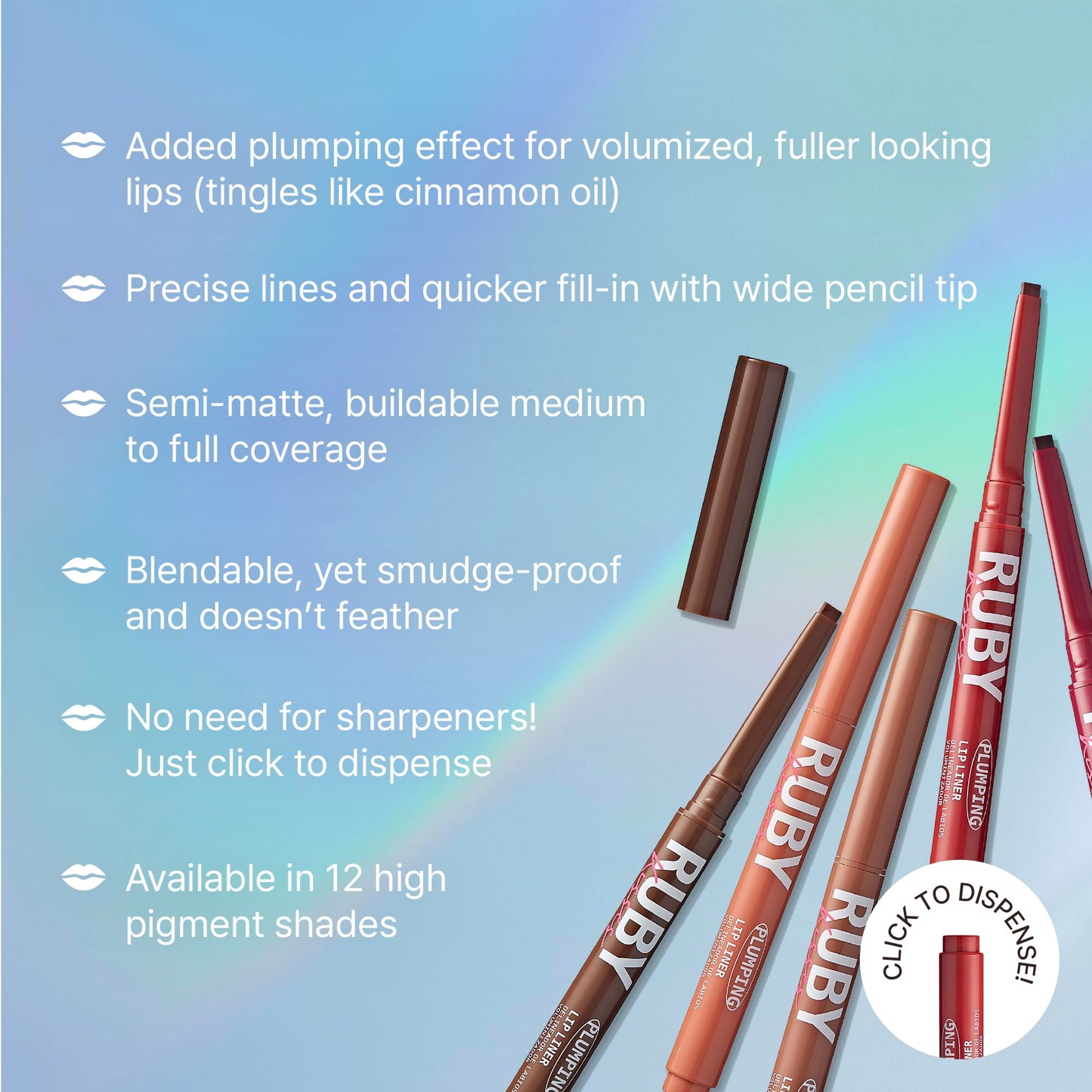 Ruby Kisses Plumping Effect Lip Liner, Semi Matte, Smudge Proof, High Pigment, Medium to Full Coverage Makeup, Precise Tip, Bold Color Lip Plumper