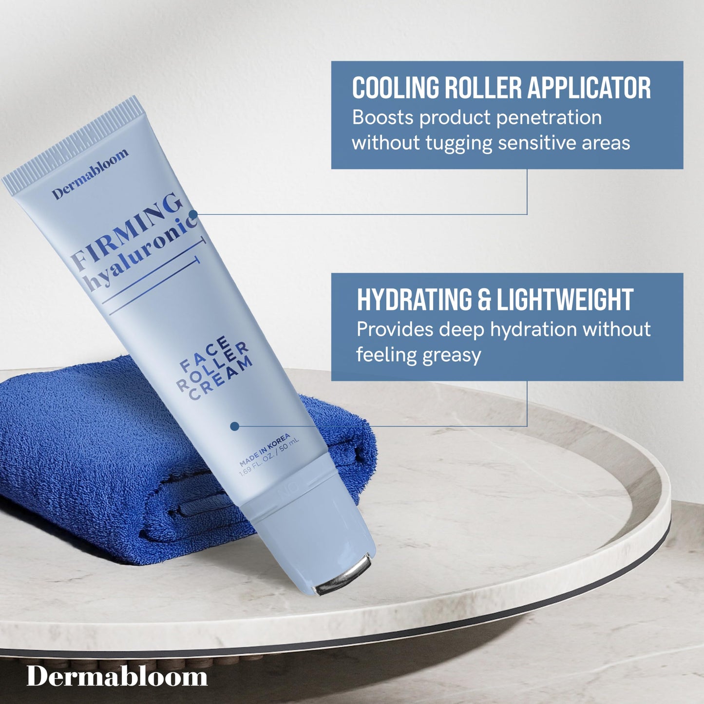 Dermabloom Hyaluronic Acid Face Roller Cream - Hydrates, Plumps, Firms, Depuffs - Dermatologist Tested, Anti-Aging, Korean Skin Care - Vegan, Clean