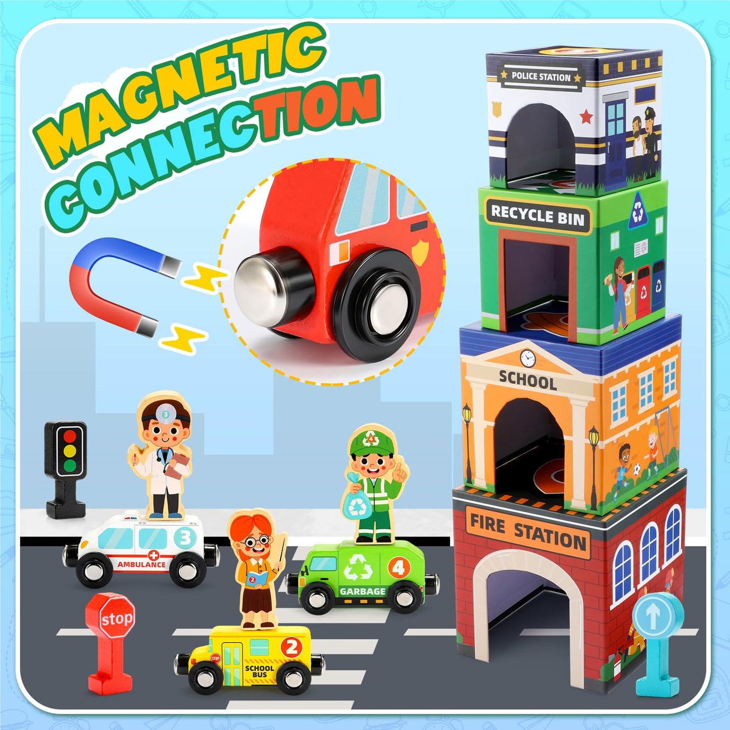 Baby Stacking Toys – Magnetic Wooden Cars & Garage Sorting Set, Montessori Educational Toys for Toddlers & Preschool Kids Birthday Gift