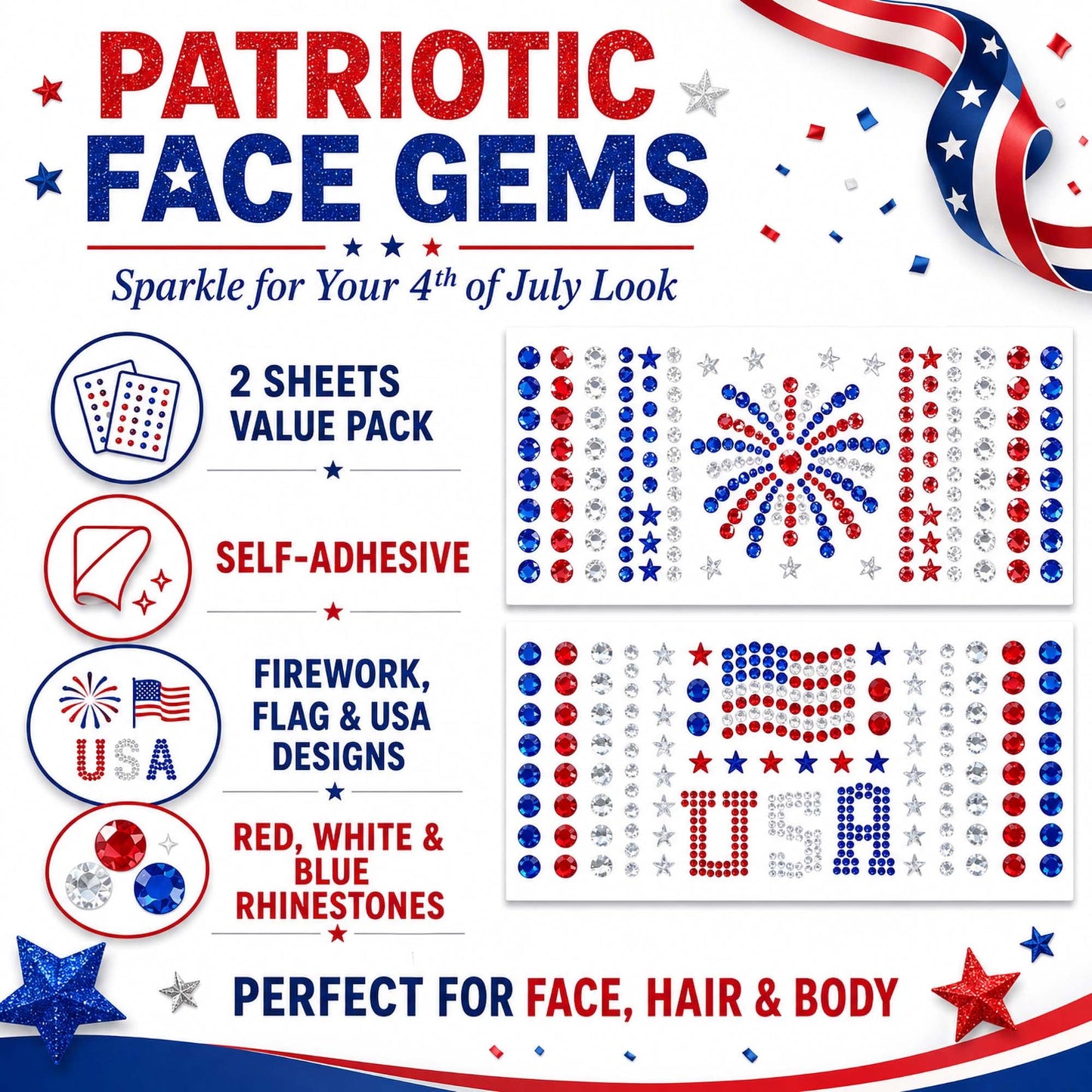 Go Ho 4th of July Face Hair Gems, 2 Sheets Self Adhesive Face Jewels for Women, Red White and Blue Gem Stickers Eye Rhinestones, USA American Flag Beauty and Personal Care Go Ho