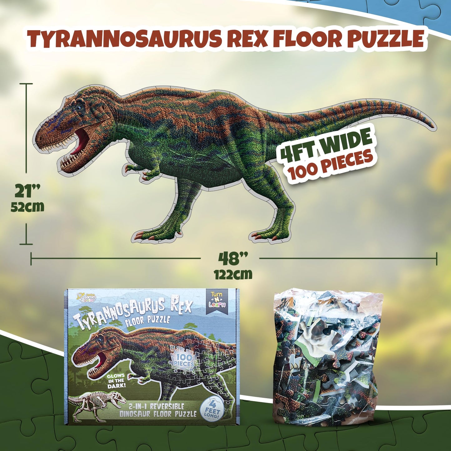 Tyrannosaurus Rex Dinosaur 100-Piece Floor Puzzle – Double Sided with Glow-in-the-Dark Skeleton – 4 FT Educational Dino Toy for Kids