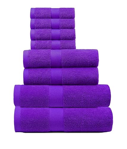 BY LORA Terry Cotton Bath Towel, Hand Towel and Wascloth Set, Purple, Set of 8