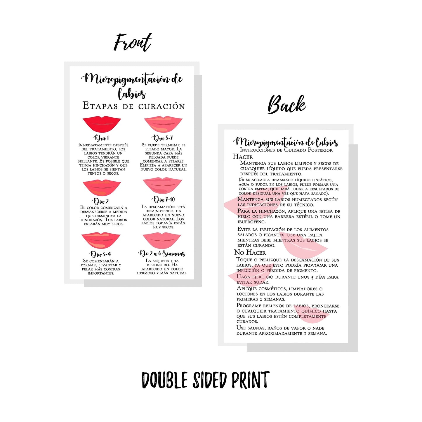 Boutique Marketing LLC Spanish Lip Blush Aftercare Card | Micropigmentación de Labios | 50 Pack | 2 x 3.5in inches Business Card | White with Red Lips