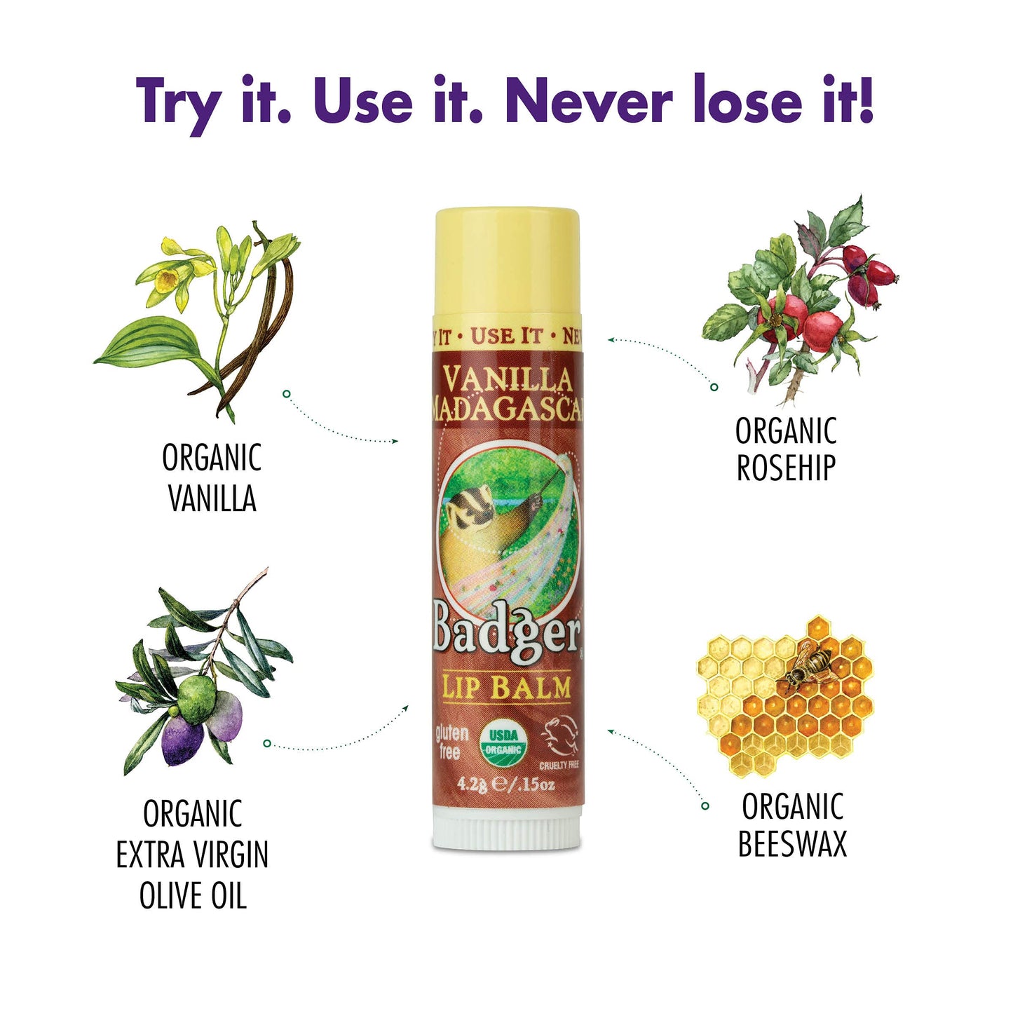 BADGER Organic Vanilla Classic Lip Balm, 0.15 OZ