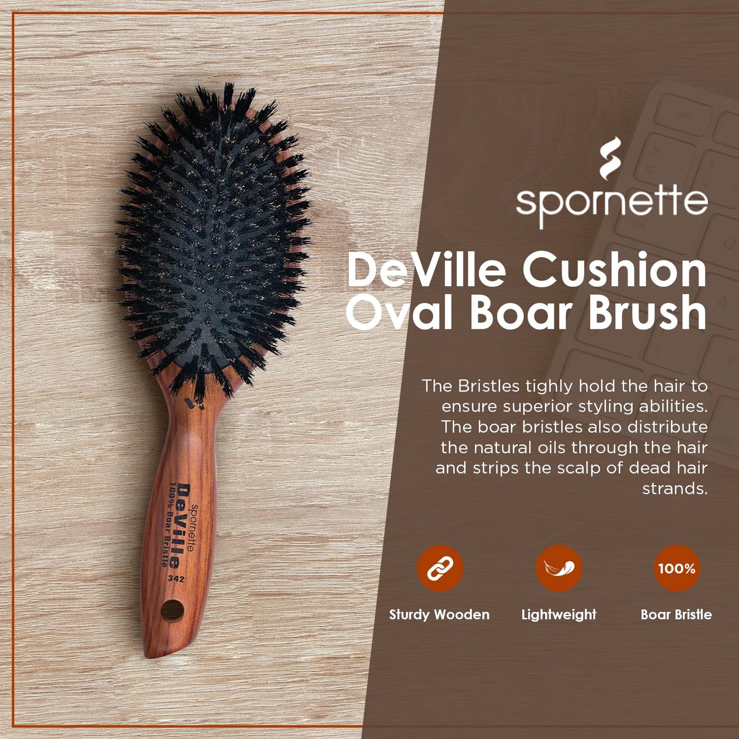 Spornette Deville Boar Bristle Wooden Paddle Hair Brush for Women - Cushion Oval Hair Straightening Brush for Blow Drying, Detangling, Smoothing