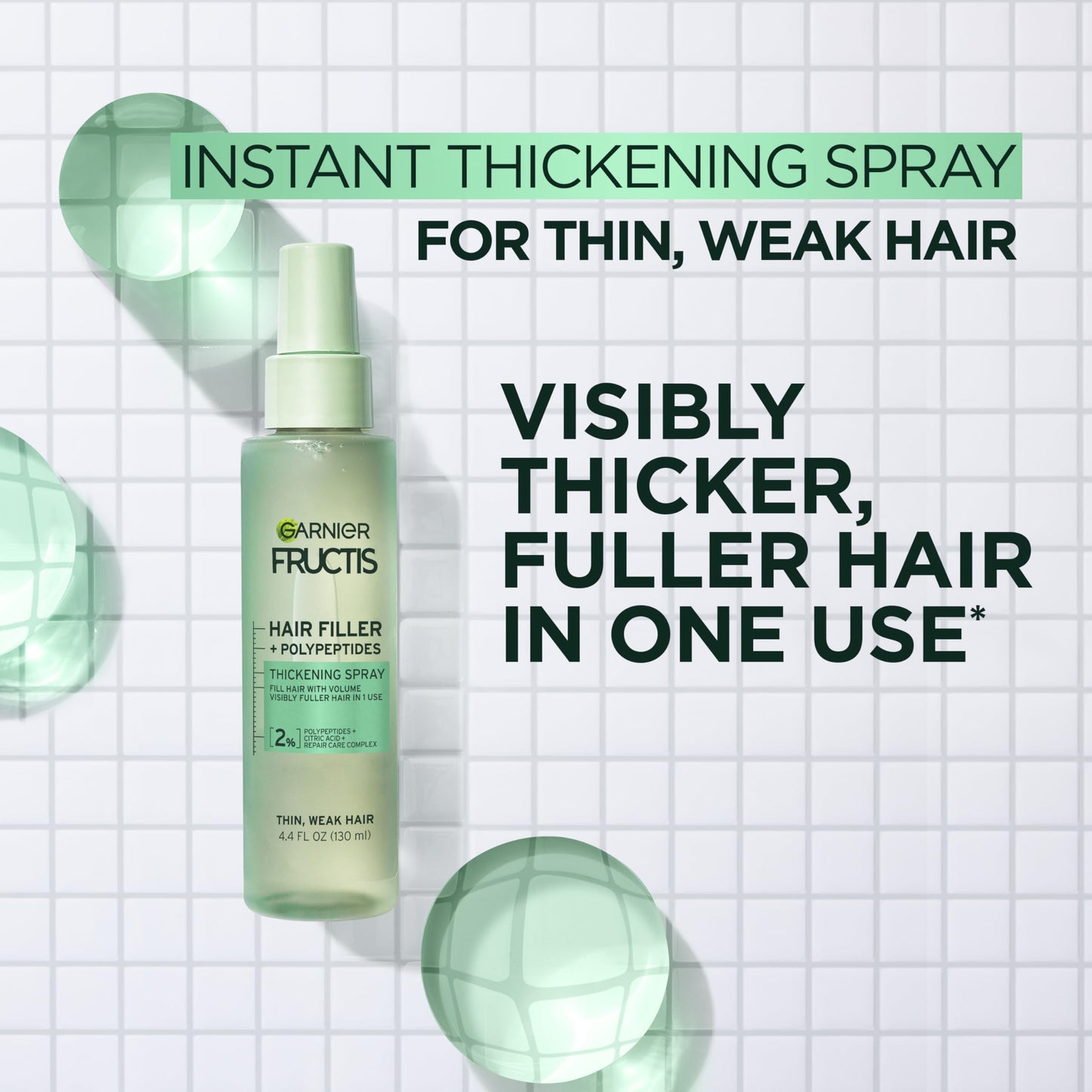 Garnier Fructis Hair Filler Fullness Repair Thickening Spray, Volumizing Spray with Polypeptides and Hair Repair Complex for Thin, Weak Split Ends