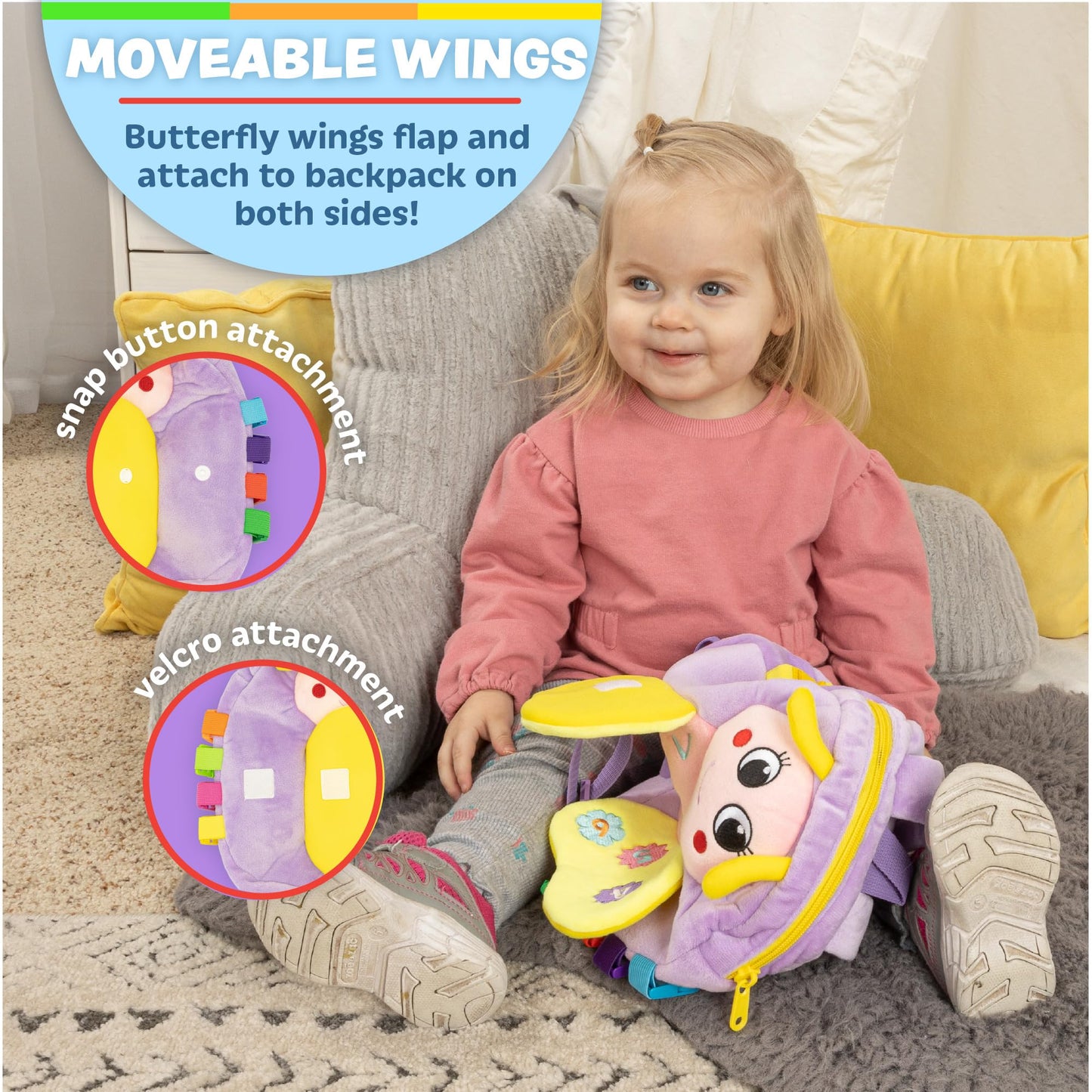 Buckle Toys - Blossom Butterfly Activity Backpack - Educational Learning Toy - Must Have for Long Car Trips - Zippered Pouch for Storage - Great Gift for Toddlers, Girls and Kids