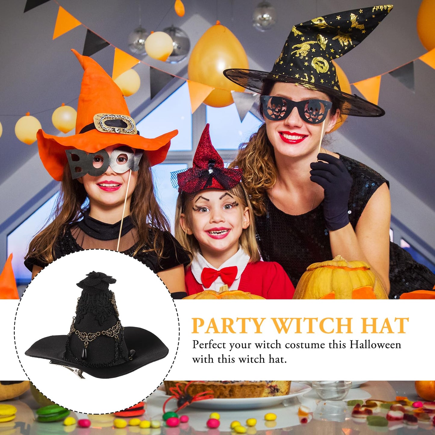 Balck Witch Hat Gothic Rose Tassel Decor Hair Clip Hair Accessories for Halloween Party