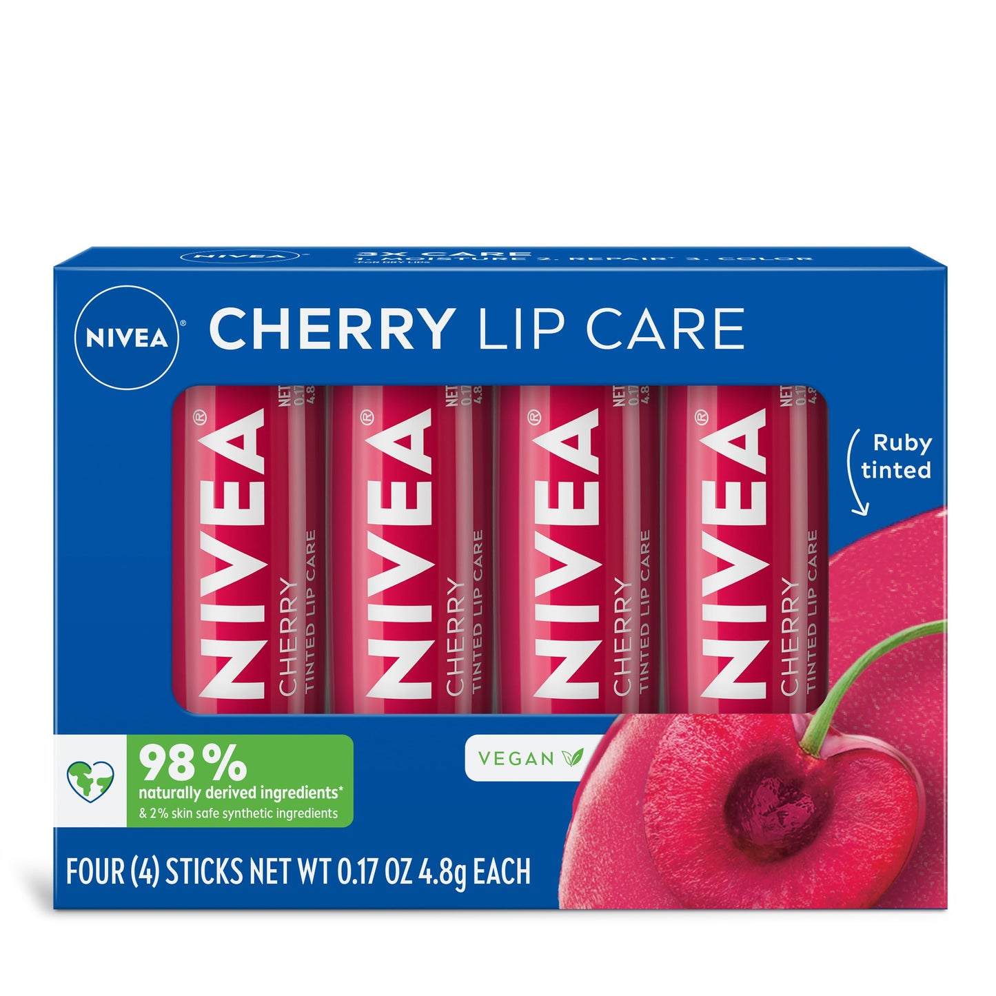 NIVEA Cherry Lip Care, Ruby Tinted Lip Balm Pack with Shea Butter, Nourishing Oils and Vitamin C & E, 3-in-1 Moisture, Repair and Color, 0.17 Oz