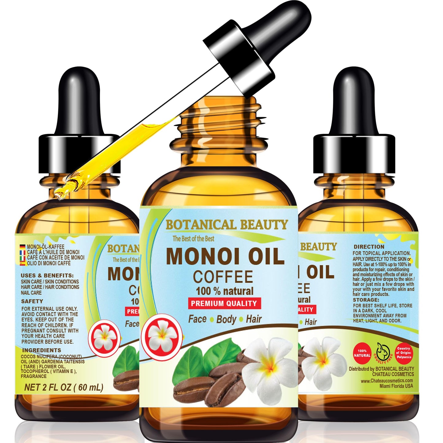 Botanical Beauty MONOI OIL COFFEE. Frangipani flowers in Coconut Oil with Coffee aroma. 100% Natural Pure for FACE, SKIN, BODY, HAIR, NAILS. Luxury