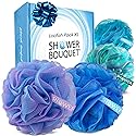 SHOWER BOUQUET Loofah Bath-Sponge XL Swirl-Deep-4-Pack // Extra Large 75g Soft Mesh Net Luffa Loofa Loufa Lufa Puff Set/Exfoliating Body Scrubber