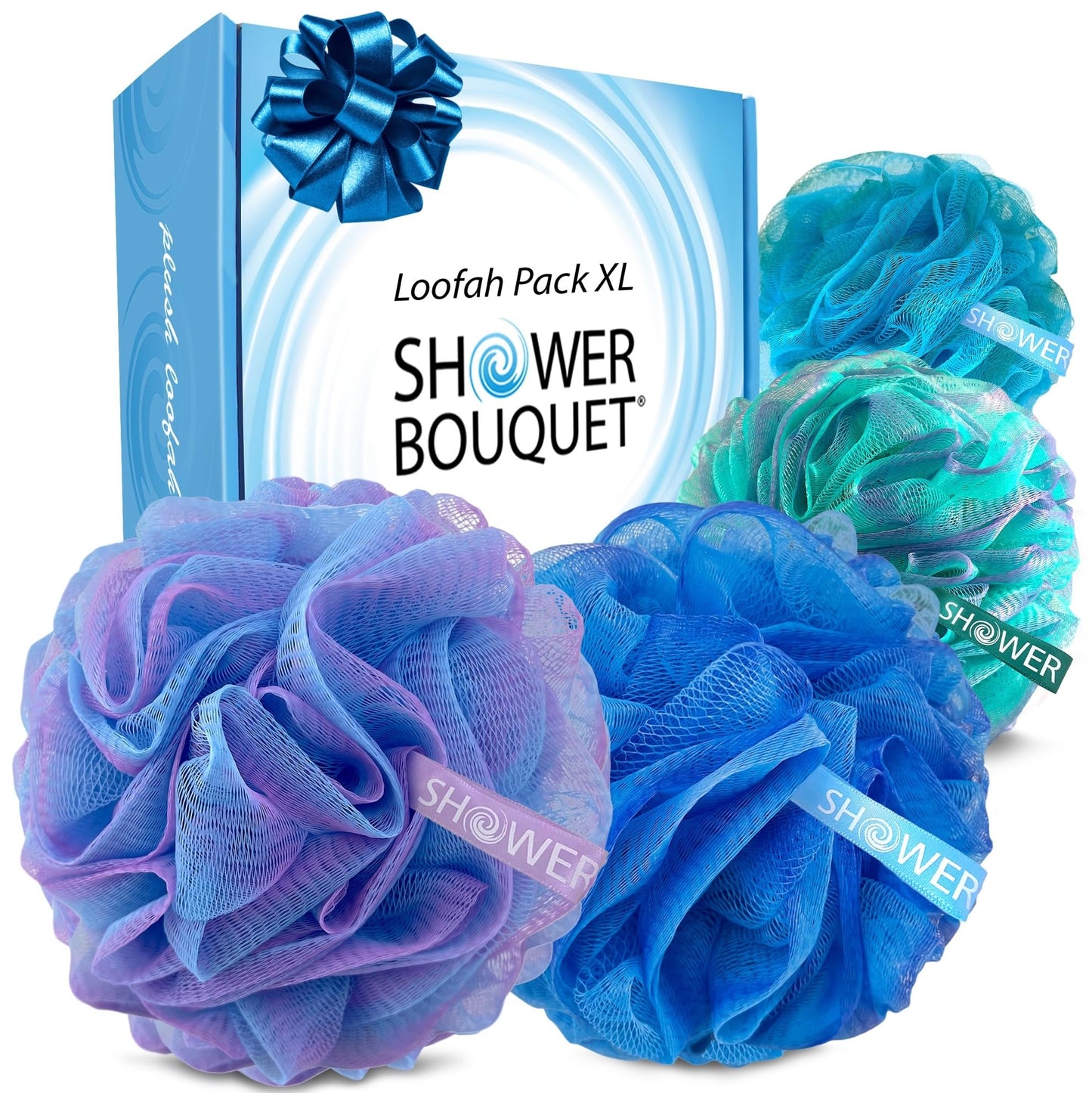 SHOWER BOUQUET Loofah Bath-Sponge XL Swirl-Deep-4-Pack // Extra Large 75g Soft Mesh Net Luffa Loofa Loufa Lufa Puff Set/Exfoliating Body Scrubber