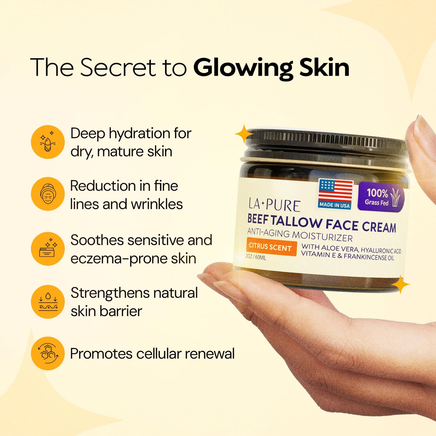 LA PURE Beef Tallow for Skin, Grass-Fed Tallow Face Cream with Aloe Vera, Hyaluronic Acid, Frankincense & Vitamin E to Hydrate, Firm, and Smooth Skin