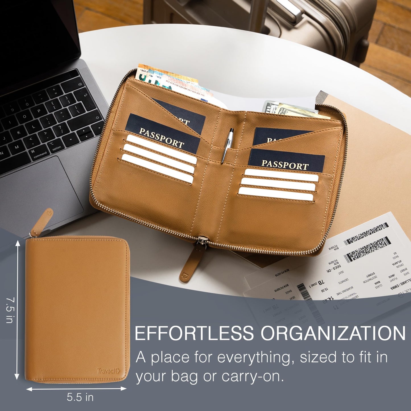 Full Grain Leather Family Passport Holder – RFID Travel Wallet & Document Organizer for 2-4 Passports, Couples & Families, Camel