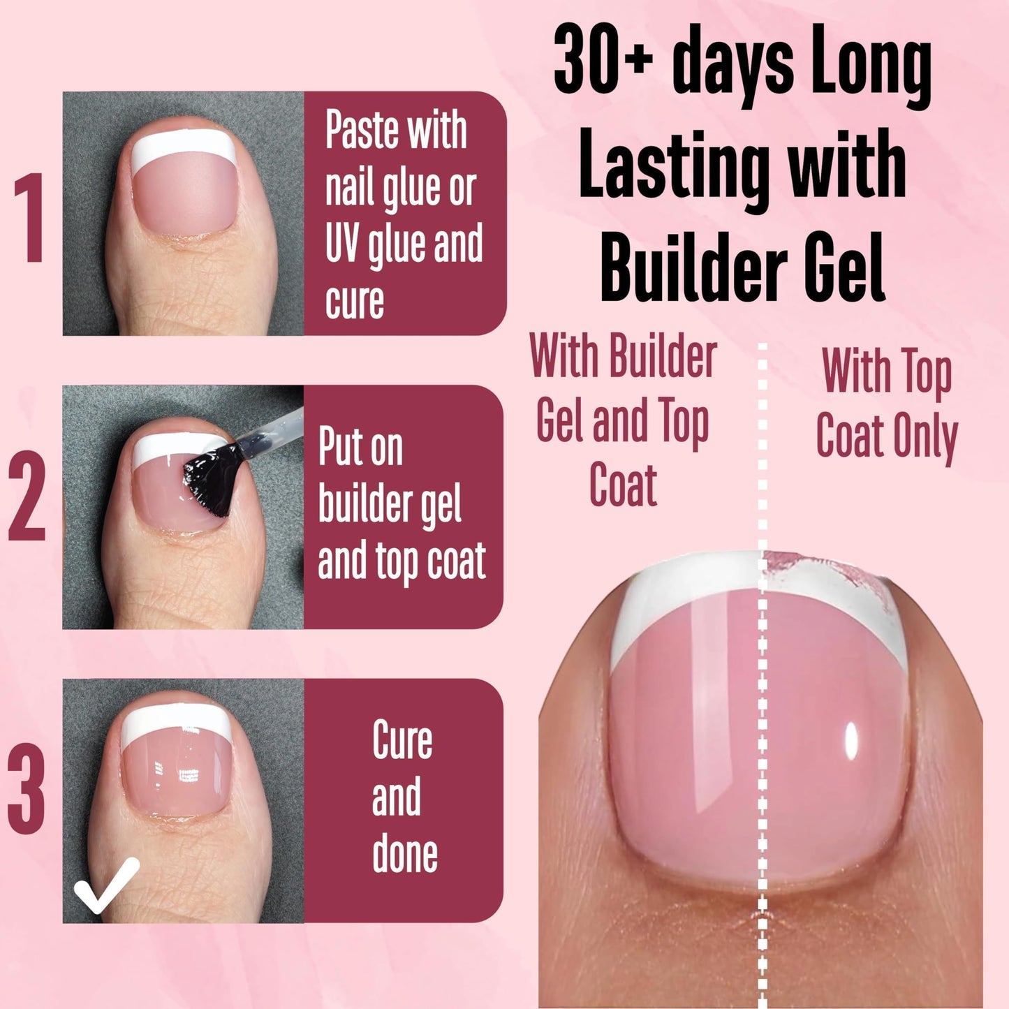 NOVO OVO Fake Toe Nail Tips Press on, French Tip Soft Gel Toenail Extension, BERRY PINK Square Round Pre-applied Tip Primer & Base Coat, Full Cover Beauty and Personal Care NOVO OVO