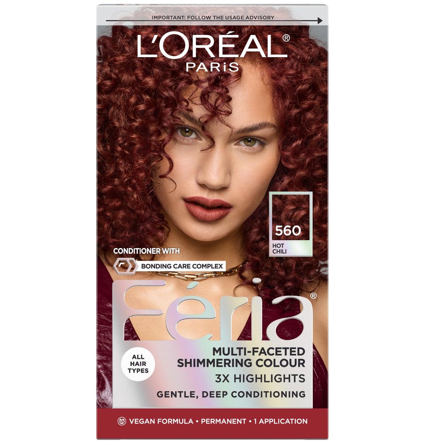 L'Oreal Paris Feria Multi-Faceted Shimmering Permanent Hair Color, High Intensity Hair Dye for 3X Highlights, 560 Hot Chili, 1 Kit