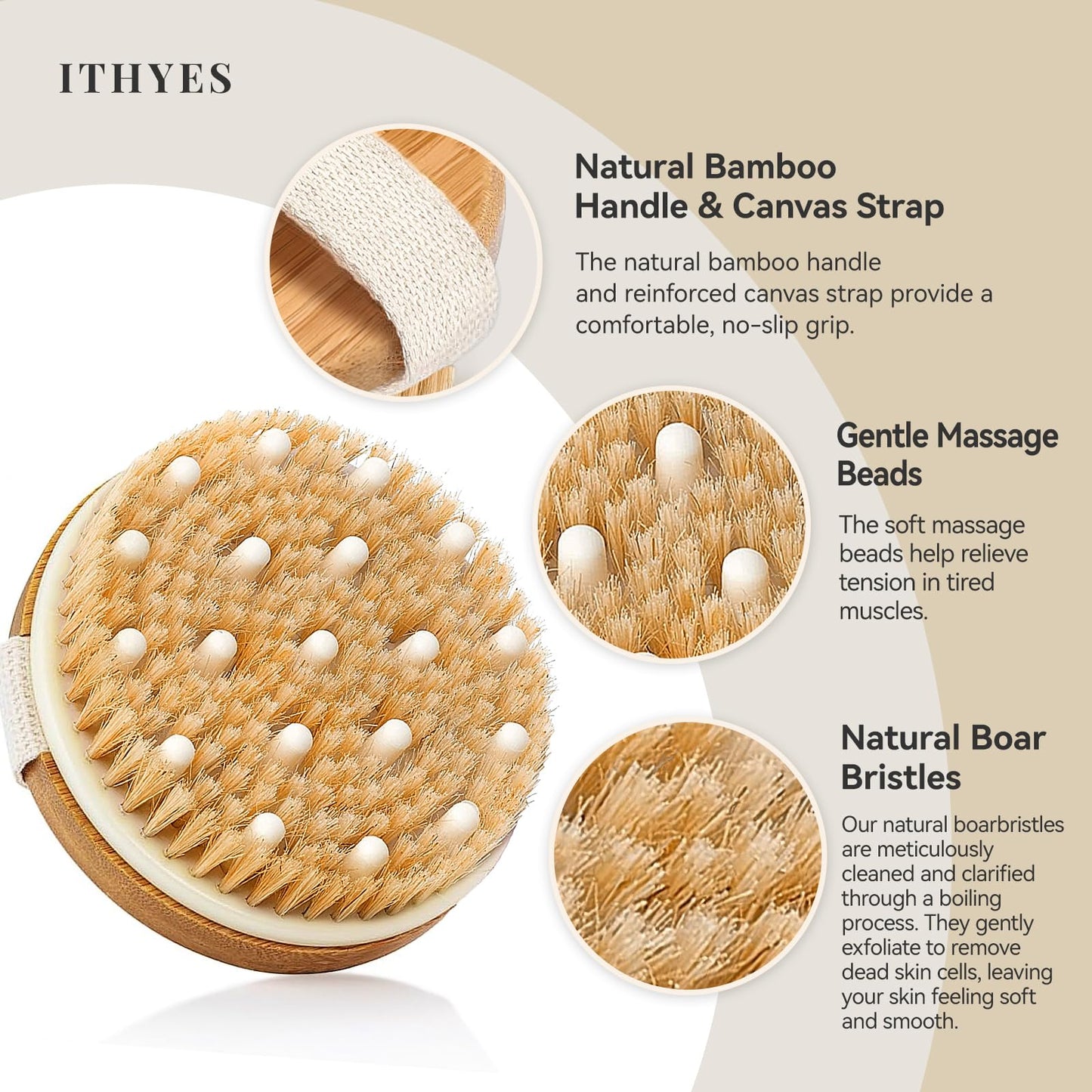 Ithyes Body Brush Dry Brushing Bath Brush Gentle Skin Exfoliate Massage Scrub 100% Nature Boar Bristles Bamboo Wood Improve Blood Circulation Wet