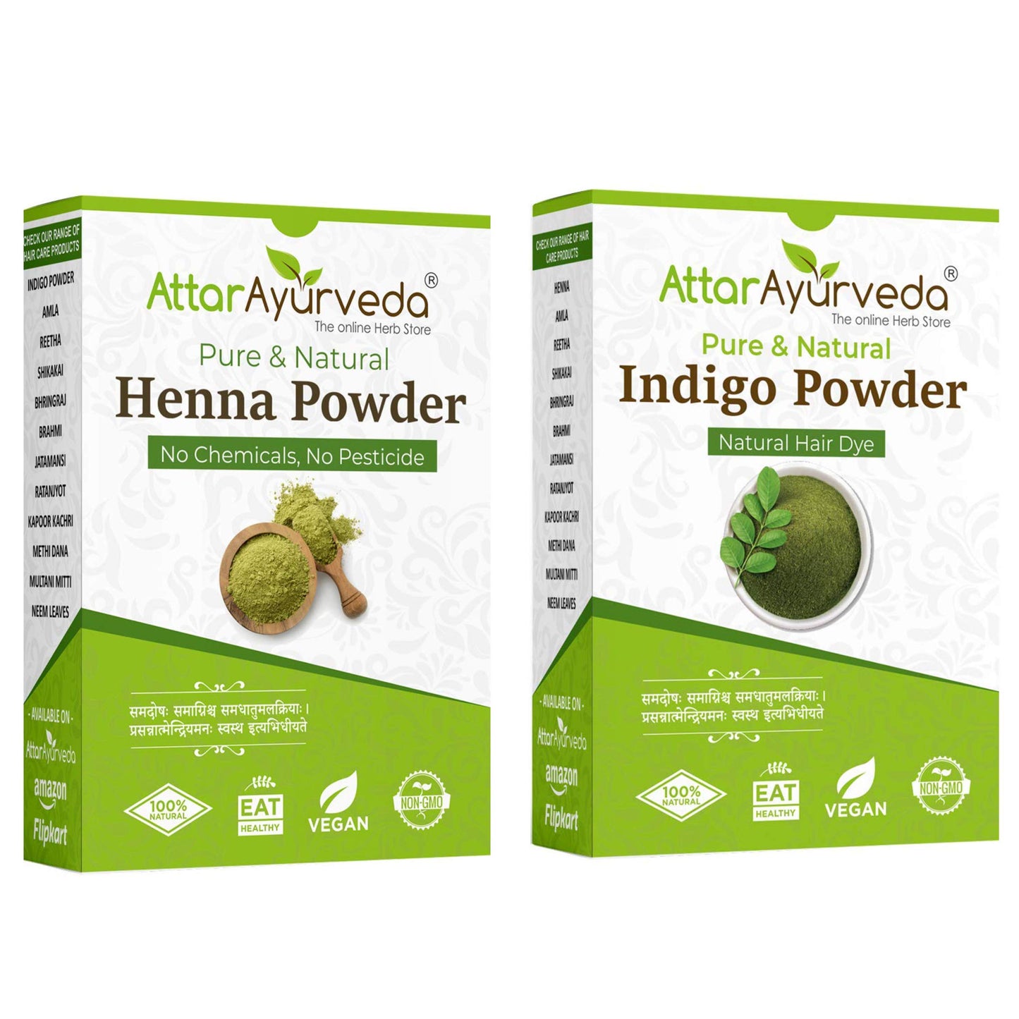 Attar Ayurveda Natural Hair Dye Combo - Black Henna and Indigo Powders (400 Grams Total) - 14 Ounce Pack