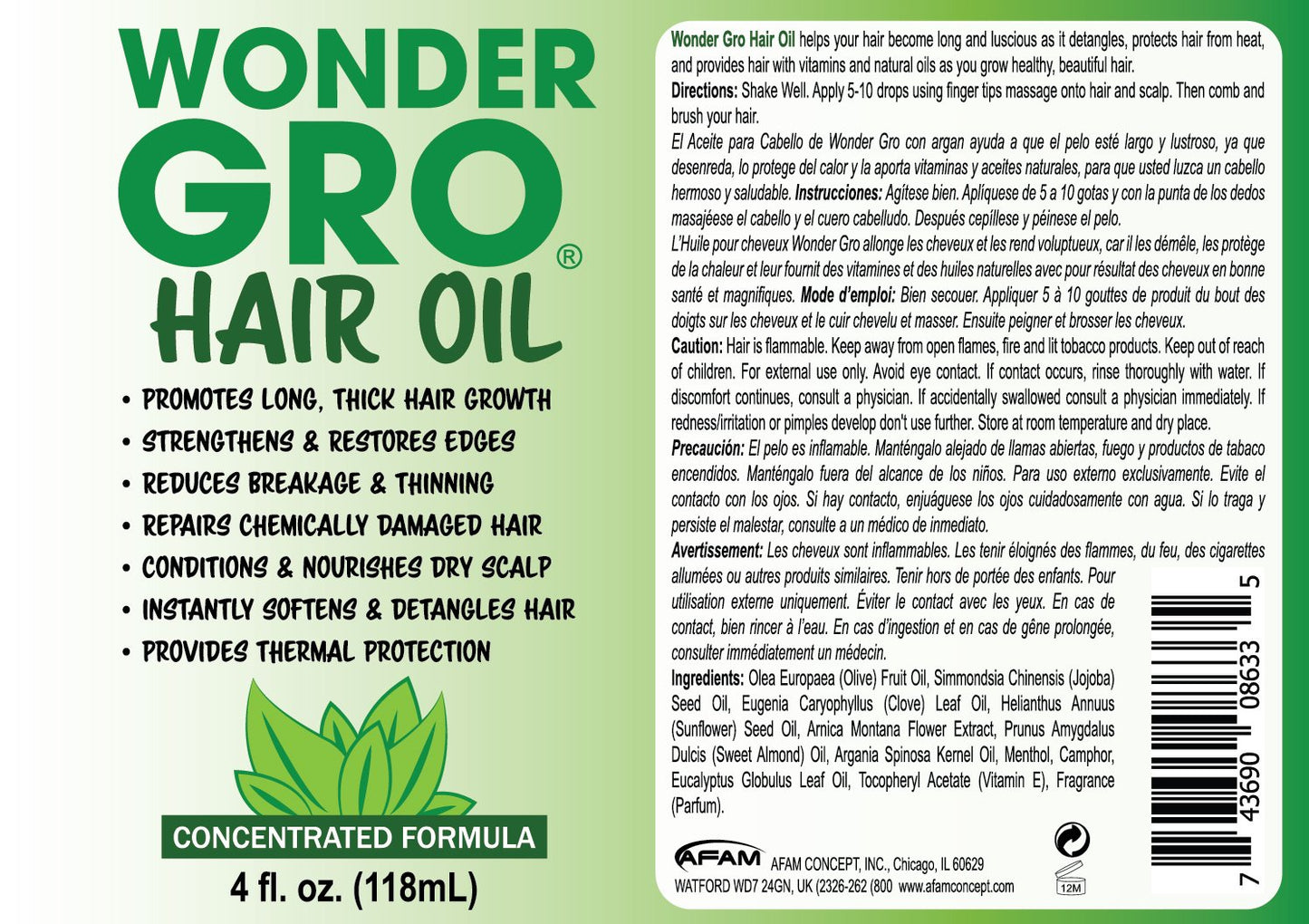 Wonder Gro Hair Growth Oil & Thermal Protection, 4 fl oz - Strengthens & Restores Edges