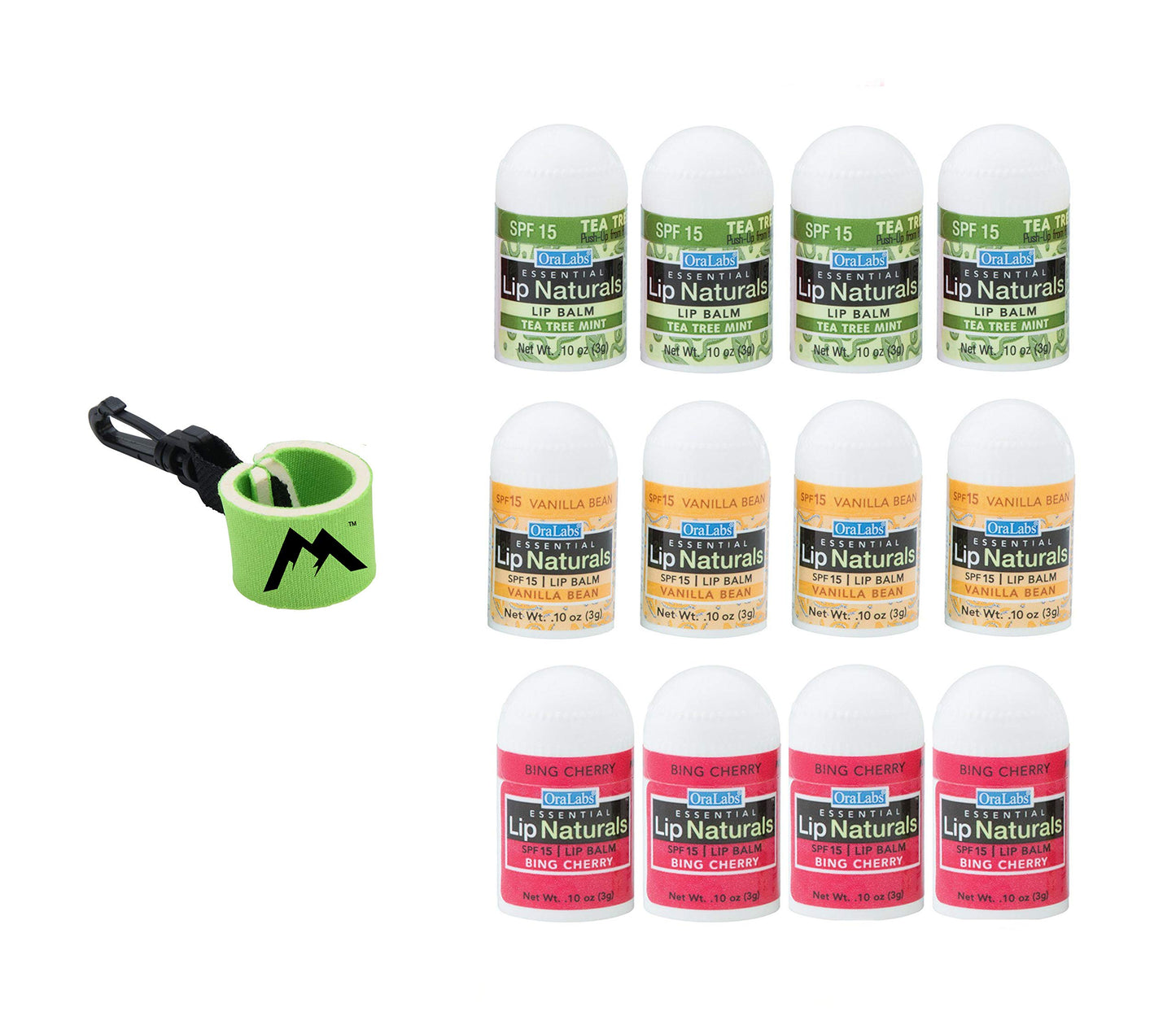 Lip Naturals Assorted Mini Lip Balms with Sunscreen (SPF-15) & Keychain - 12 Count, 3 Flavors: Tea Tree Mint, Vanilla Bean, Bing Cherry (0.10oz/3g