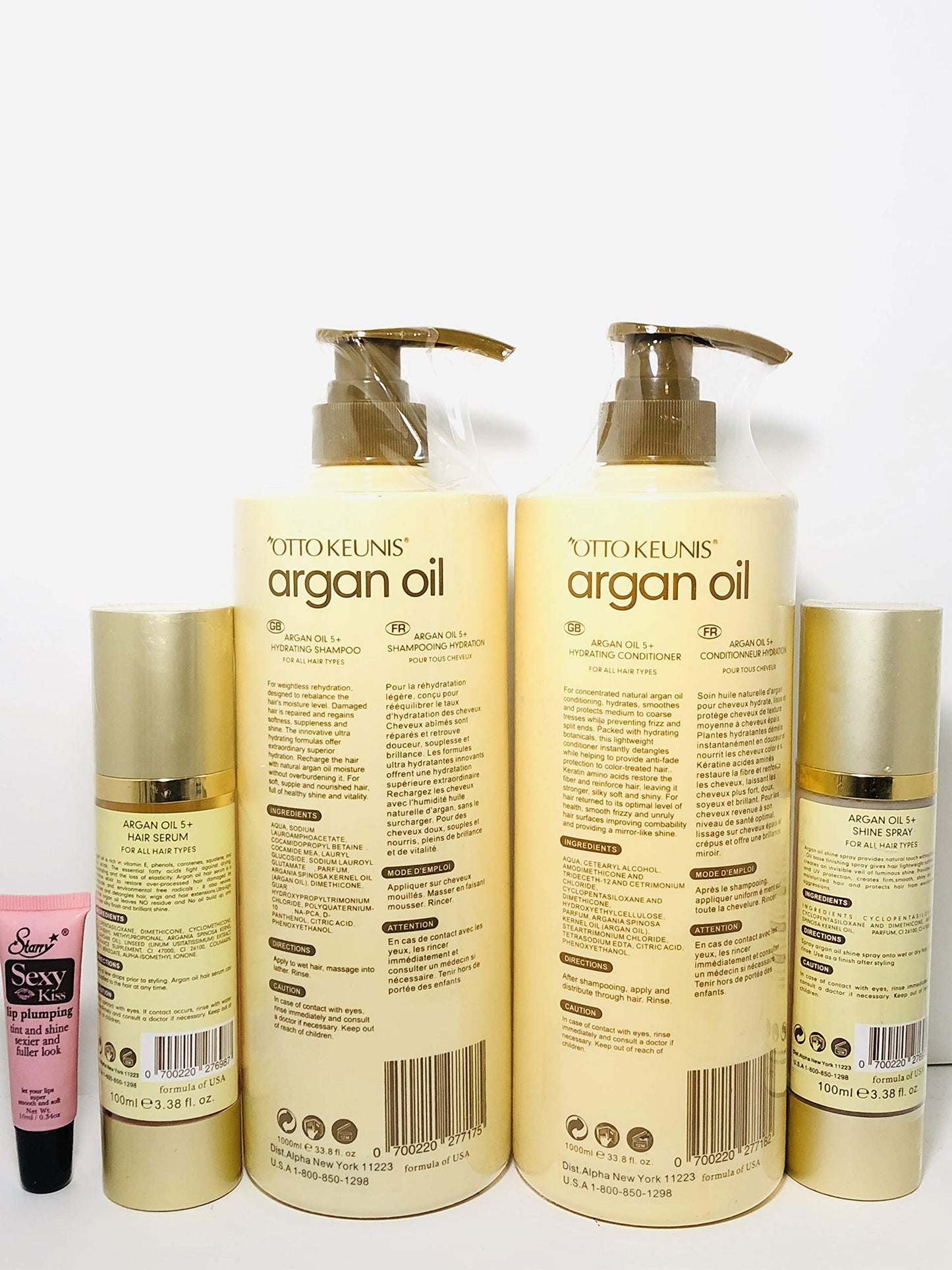 OTTO KEUNIS argan oil 5+ Hydrating shampoo 33.8oz, Conditioner 33.8oz., Hair serum 3.38 oz., Shine Spray 3.38 oz "Free Starry Sexy Kiss Lip Plumping