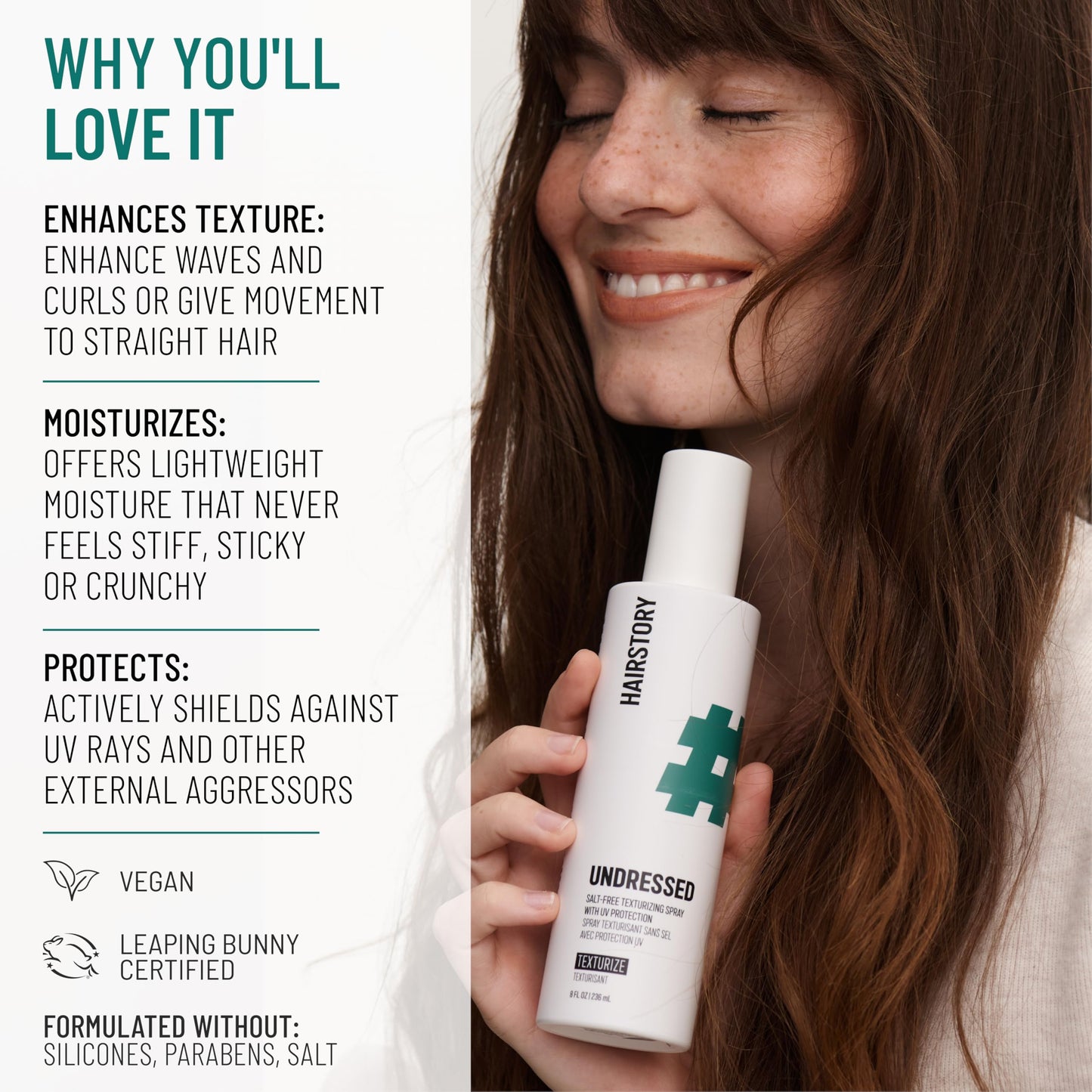Hairstory Undressed - Salt Free Texturizing Spray for Beach Waves, UV Protection Hair Spray, Adds Volume and Texture, All Hair Types