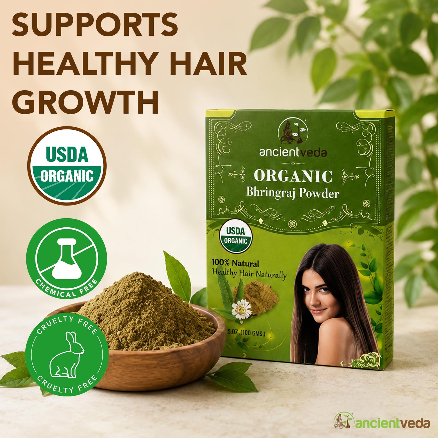 Ancientveda Bhringraj Powder, Non-GMO & Gluten Free, 100% Antioxidants Organic Hair Growth Treatment, Reduce the Appearance Hair Cleansing, Wrinkles